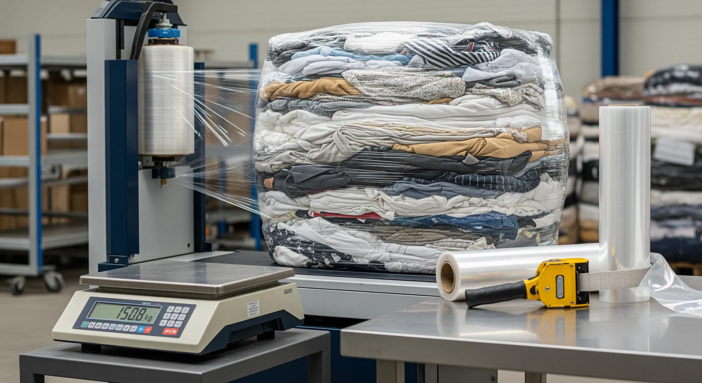 Close-up of a quality control station with a partially wrapped bale of wholesale used clothing next to industrial stretch-wrap machine and packing tools.