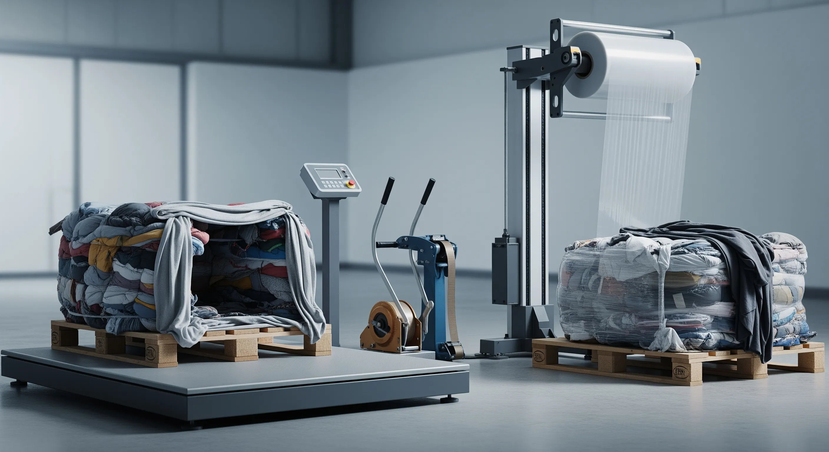 Quality control station with industrial scale, strap tools, and partially opened textile bales under studio lighting in a modern warehouse