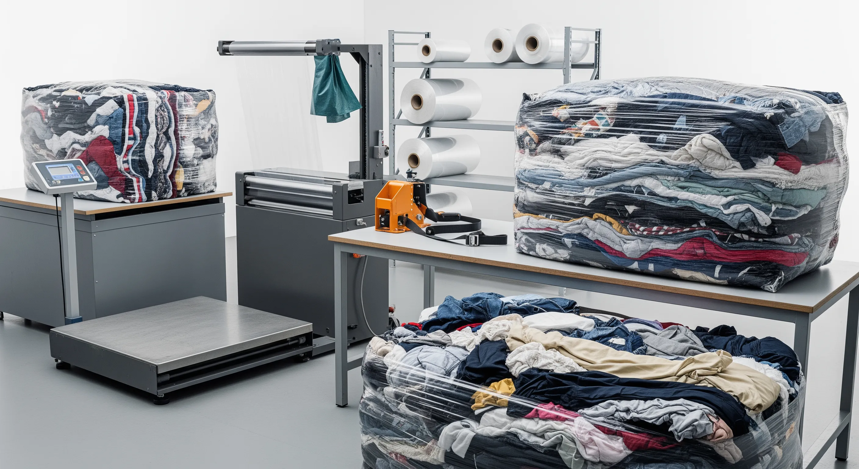 Quality control station with stretch-wrap machine and large textile bales partially opened showing secondhand clothing textures.