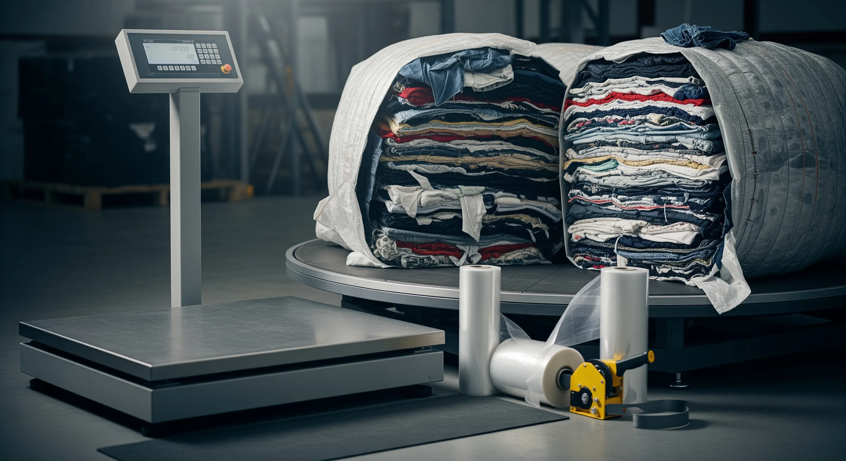 Close-up of a quality control station with industrial scale, stretch-wrap machine, and partially opened second hand clothing bales showing mixed textiles