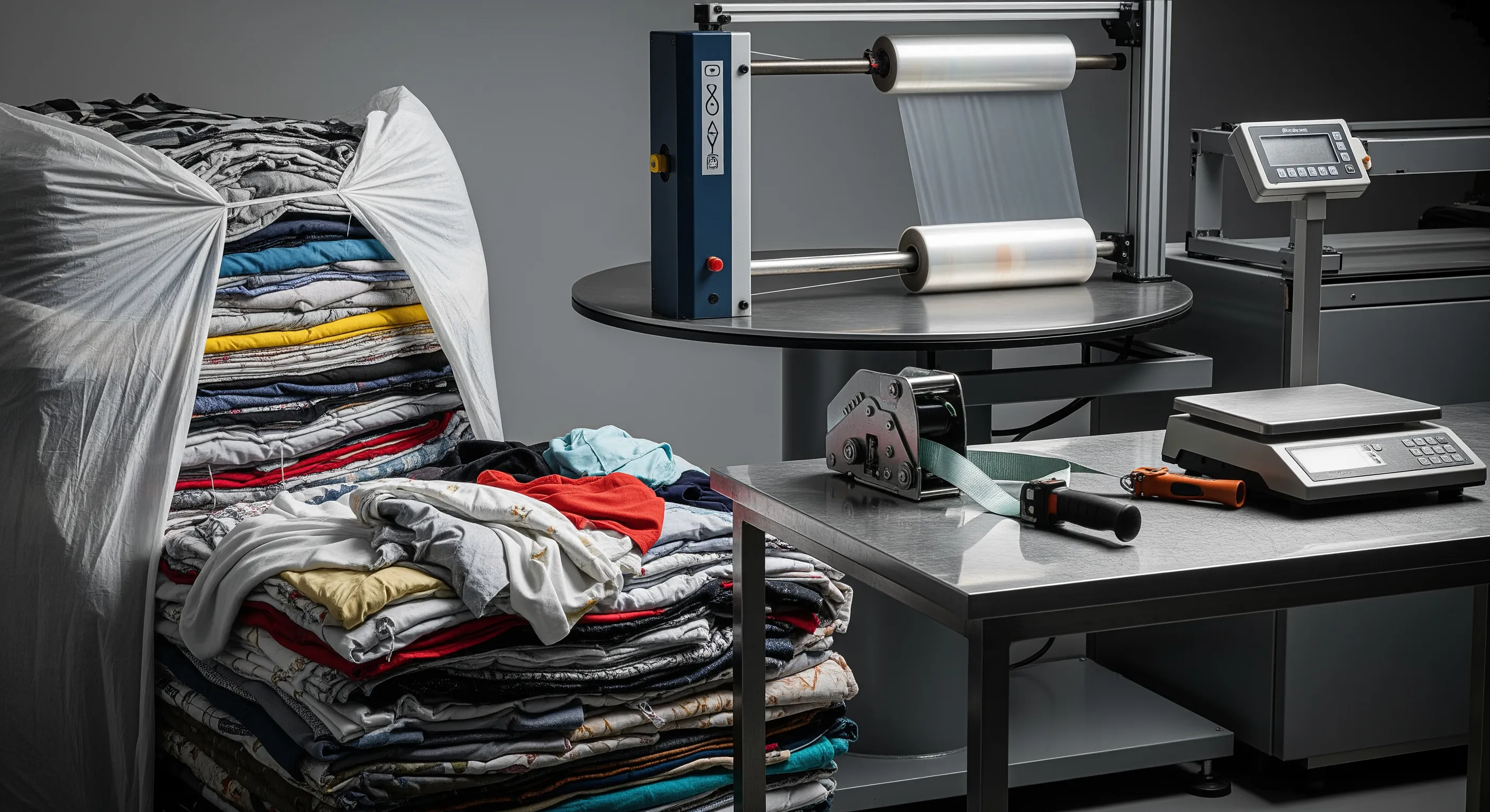 Quality control station with partially opened textile bale, industrial stretch-wrap machine, pallet strapping tool, and scale in clean warehouse setting.