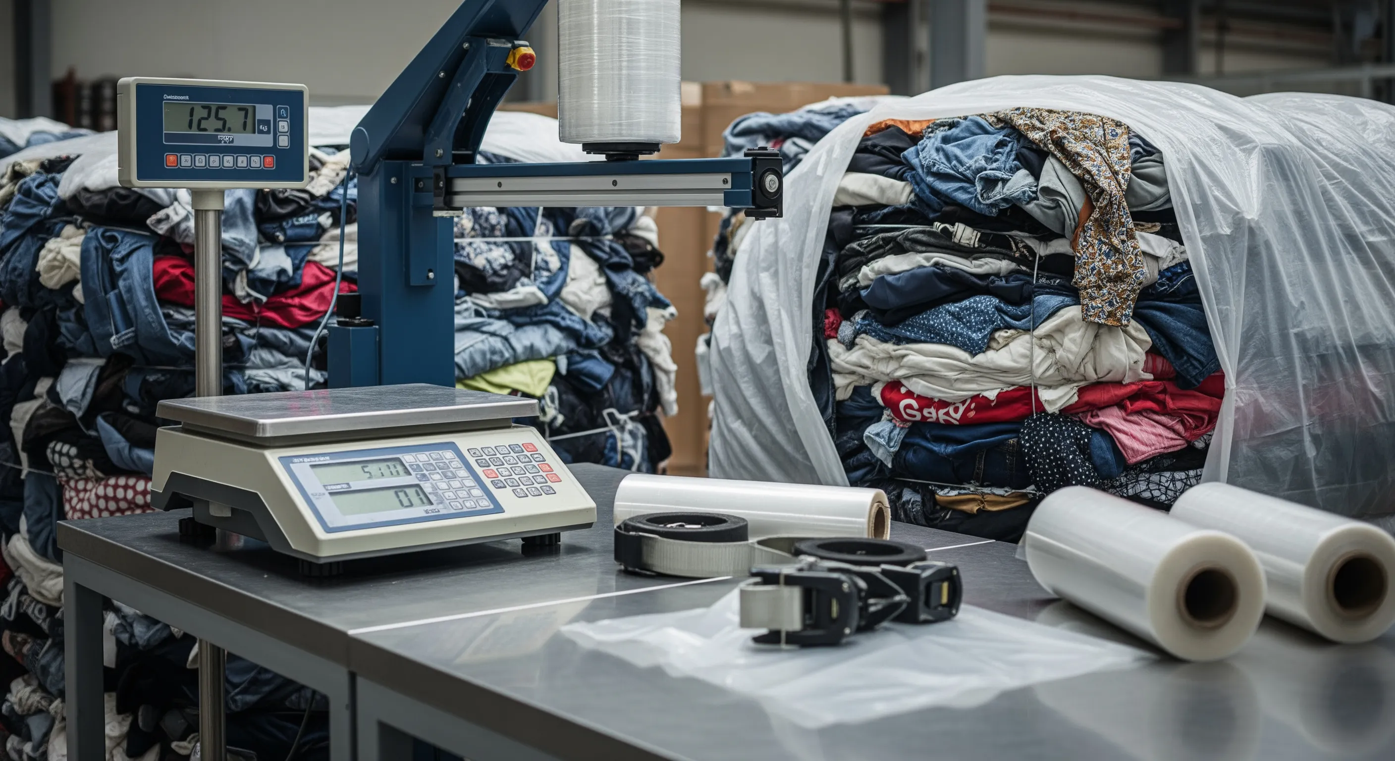 Quality control station with industrial scale, stretch-wrap machine, and partially opened second hand clothing bales showing mixed textiles inside