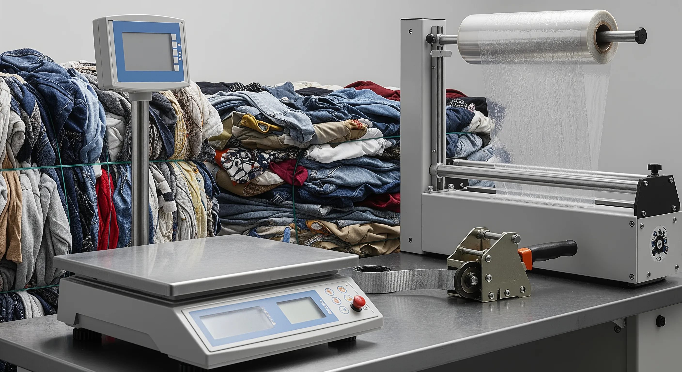 Industrial quality-control station with scale platform and partially opened bale showing mixed used textiles alongside stretch-wrap machine tools