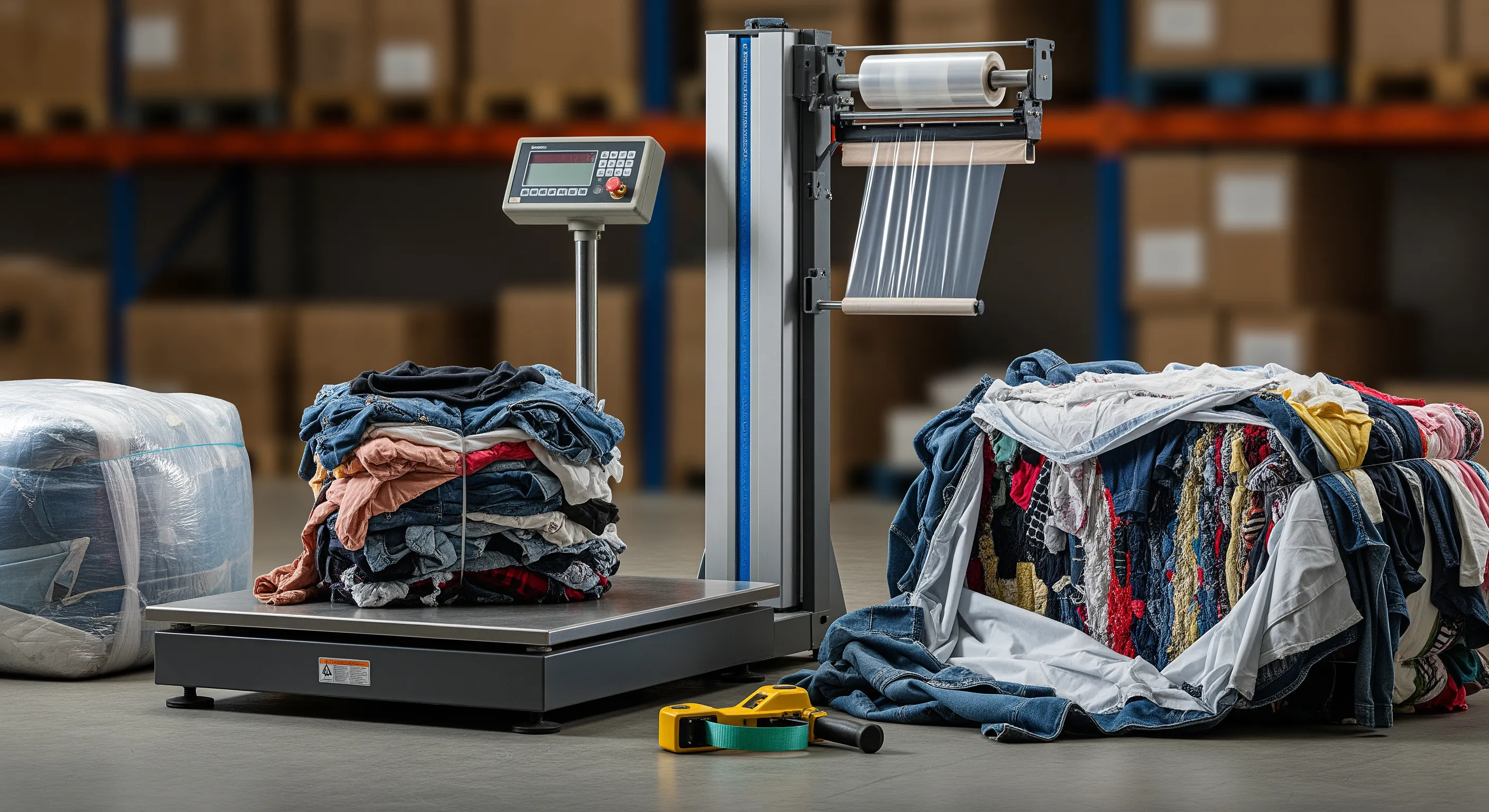 Industrial packing station with scale platform, stretch-wrap machine, and partially opened bales showing mixed textiles under controlled lighting.