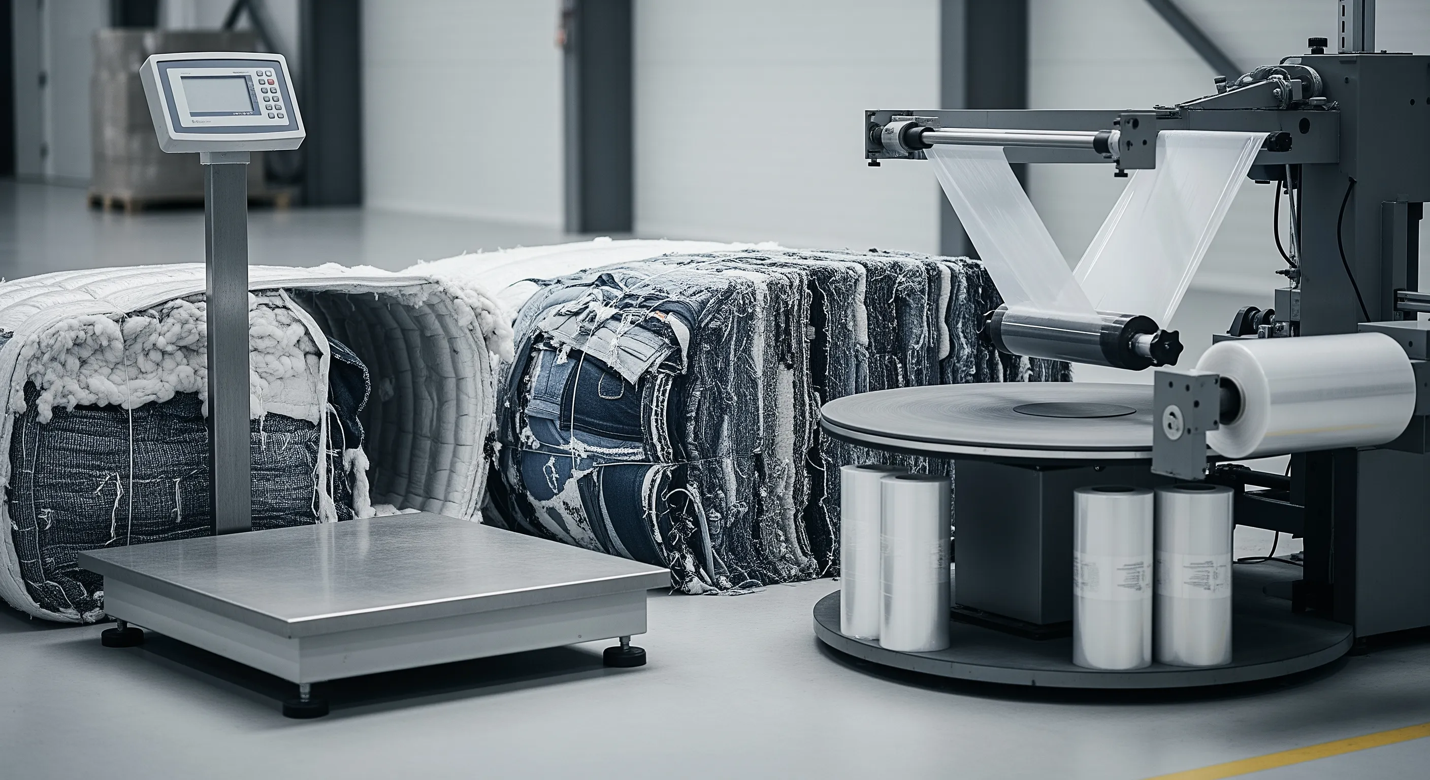 Clean indoor quality control station showing industrial scale and stretch-wrap machine with partially opened bales of used clothing textiles.