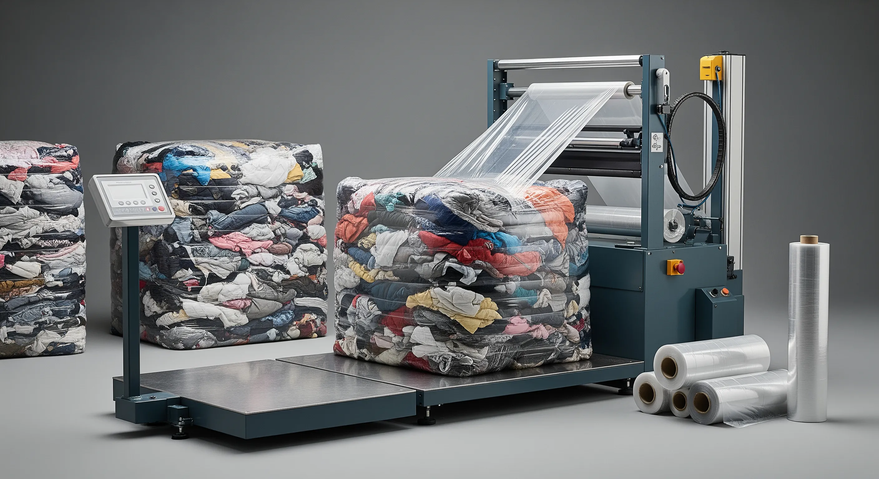 Close-up industrial packing station with stretch-wrap machine, scale platform, and partially opened bales of mixed used clothing textiles