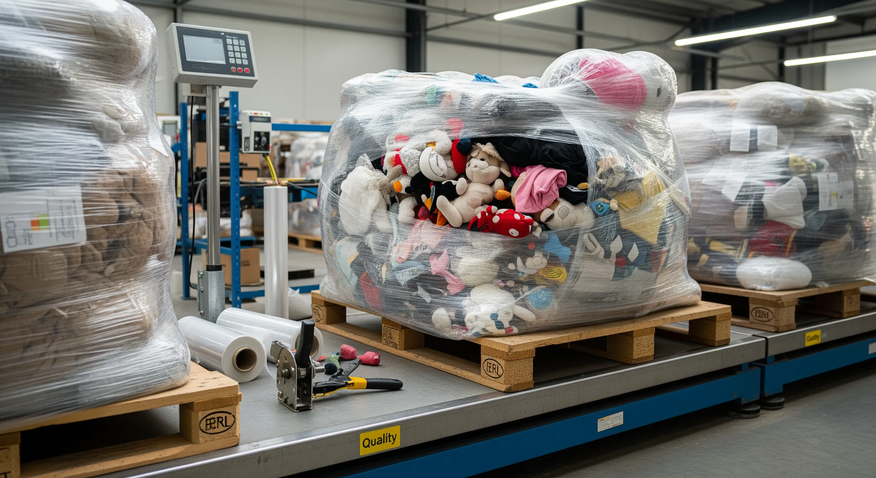 Industrial quality control station with pallet scale, partially opened bales showing mixed toy textiles, shrink film rolls, and strapping tools inside warehouse.