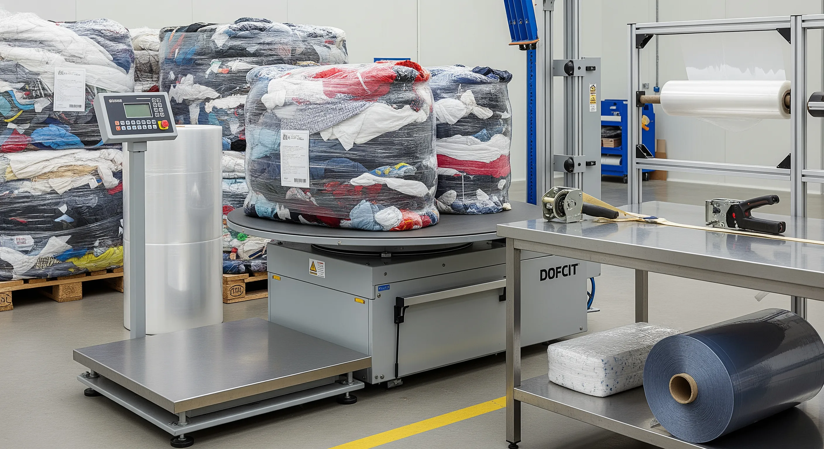 Close-up of a quality control station with stretch-wrap machine, pallet scale, and partially opened bales of mixed textiles under soft industrial lighting.