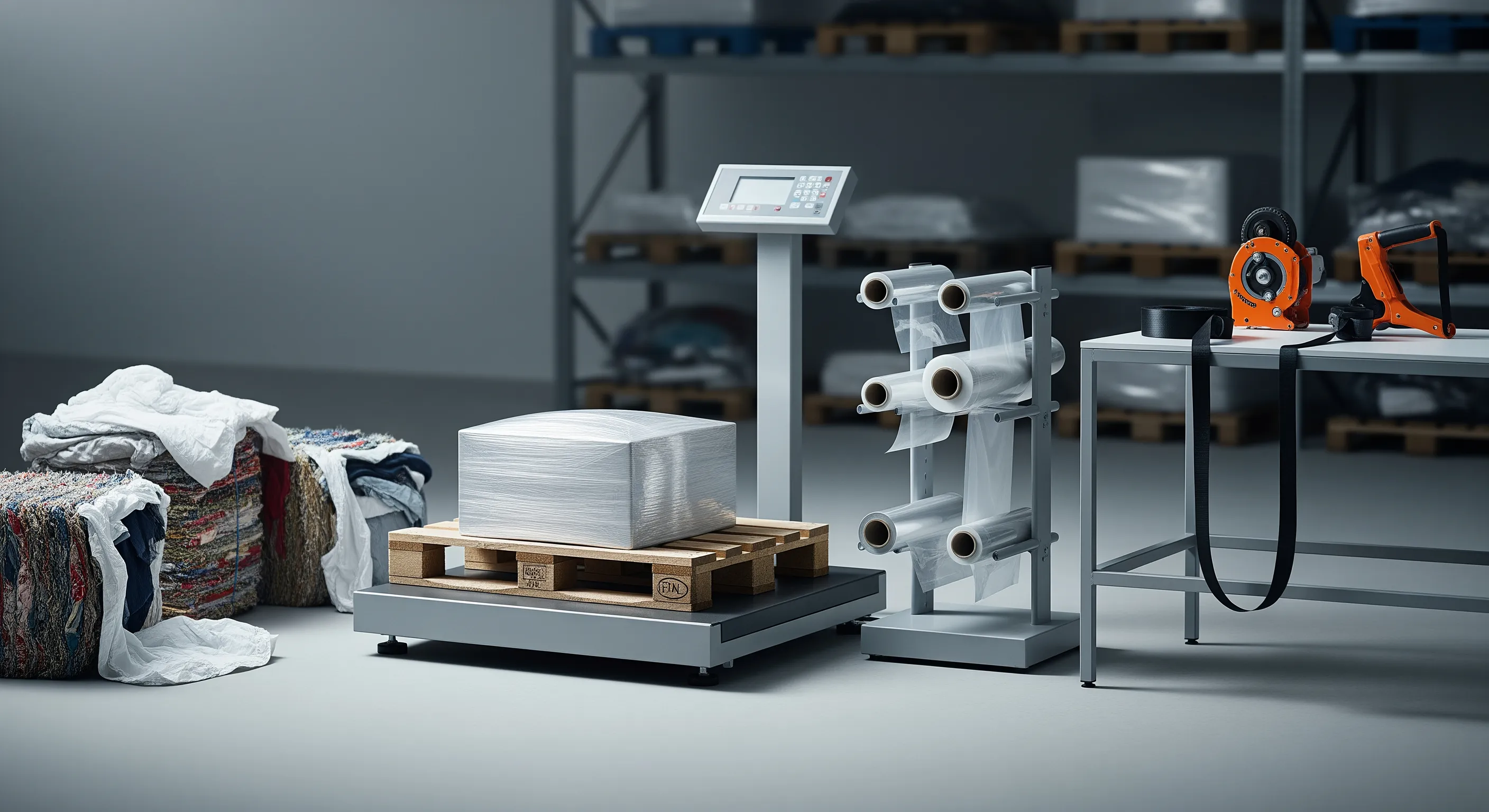 Quality control station with pallet scale, stretch-wrap machine, and partially opened bales showing secondhand clothing textures