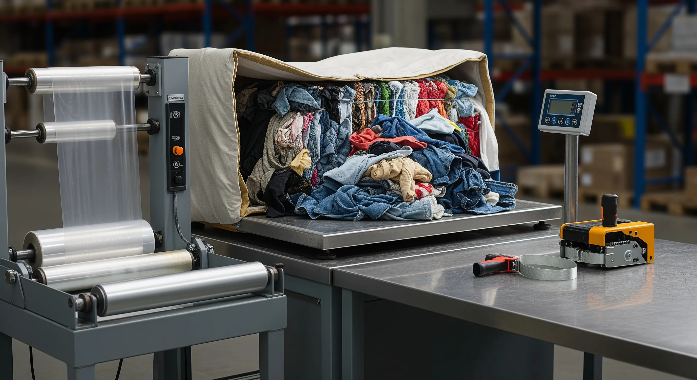 Industrial quality control station with scale and stretch-wrap machine showing partially opened bale of second hand clothes and packing tools