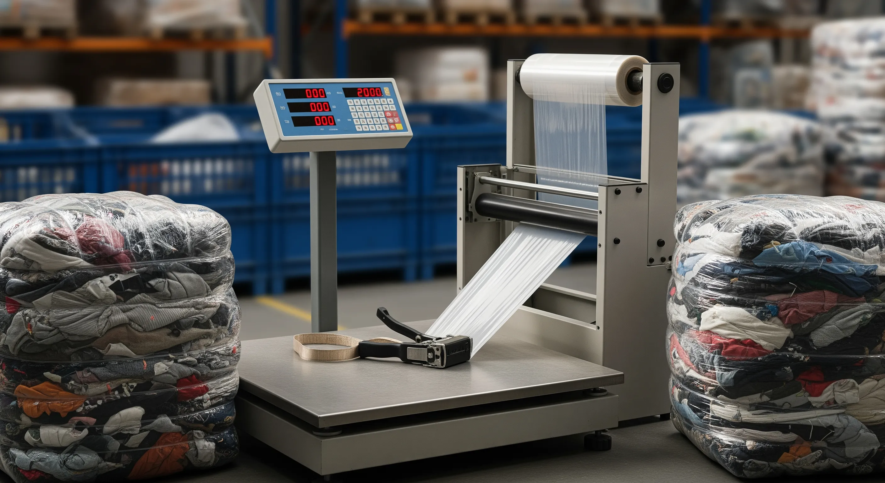 Quality-control station with industrial scale, stretch-wrap machine, and partially opened bales showing mixed textiles under studio lighting.