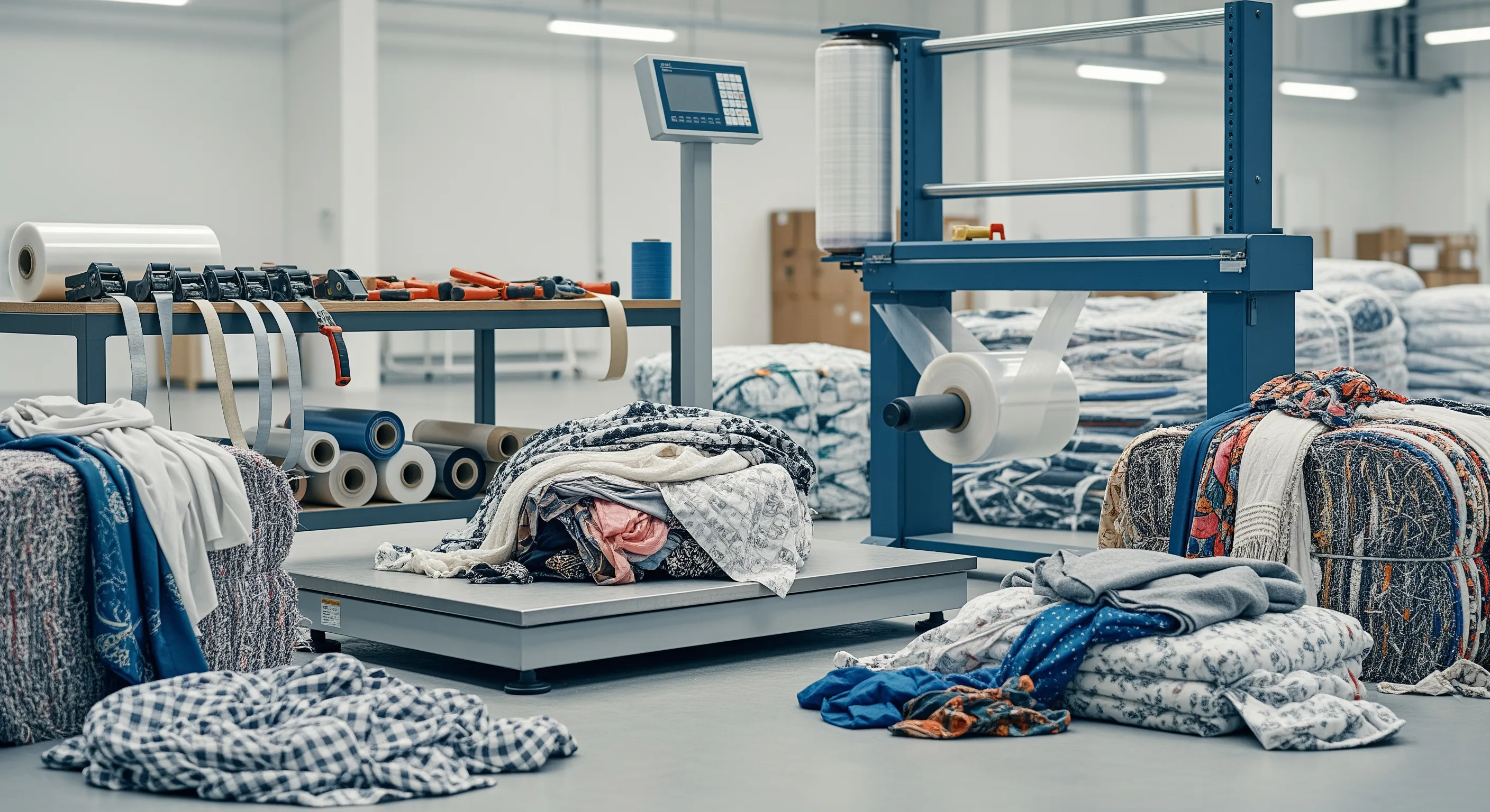 Quality control station with industrial scales, stretch wrap machine, and partially opened bales showing mixed textiles in a clean warehouse environment.