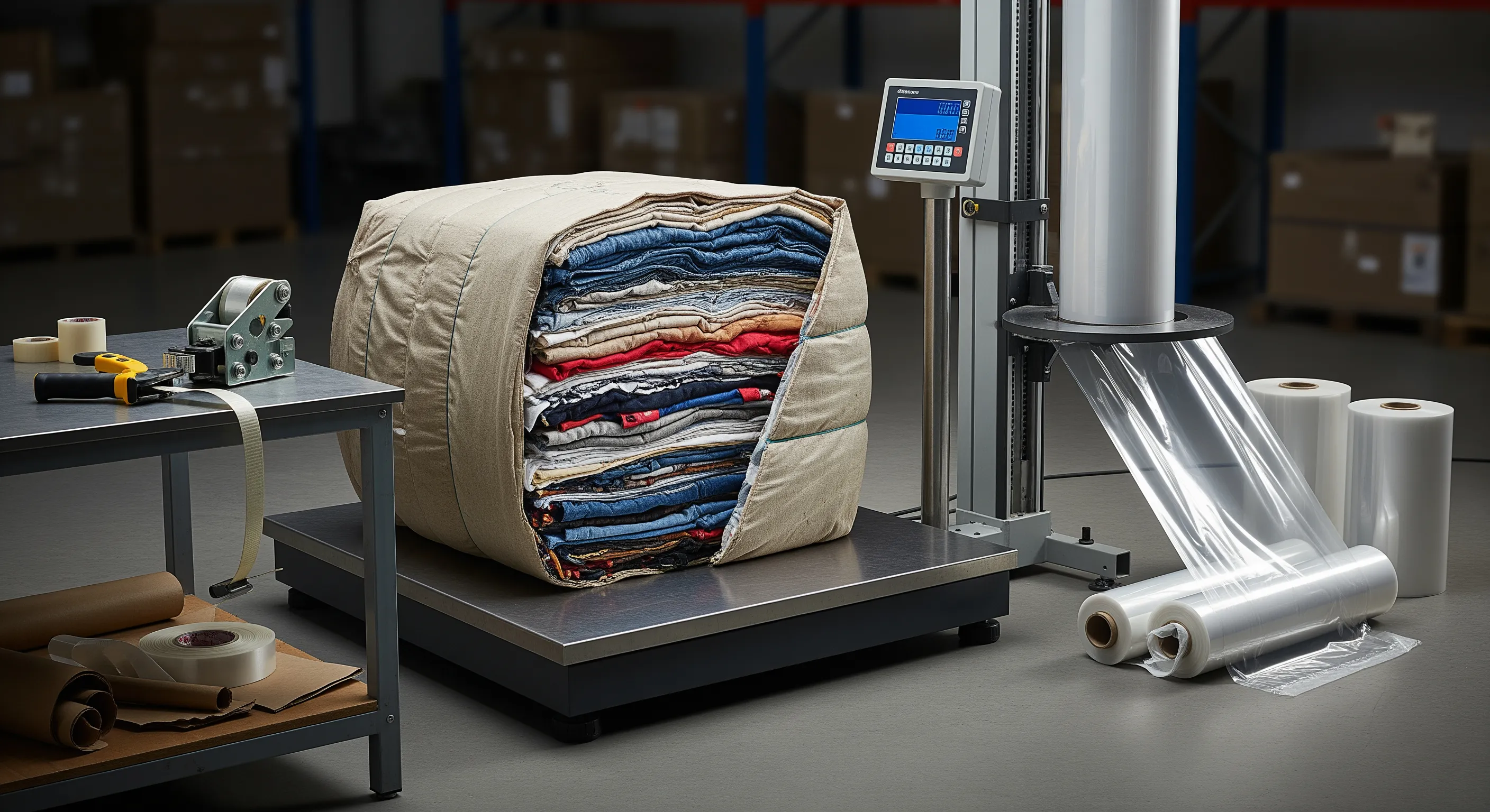 Mid-shot of a quality control station with partially opened bale of mixed branded clothes, industrial scale, stretch-wrap machine, and pallet strapping tool in focus
