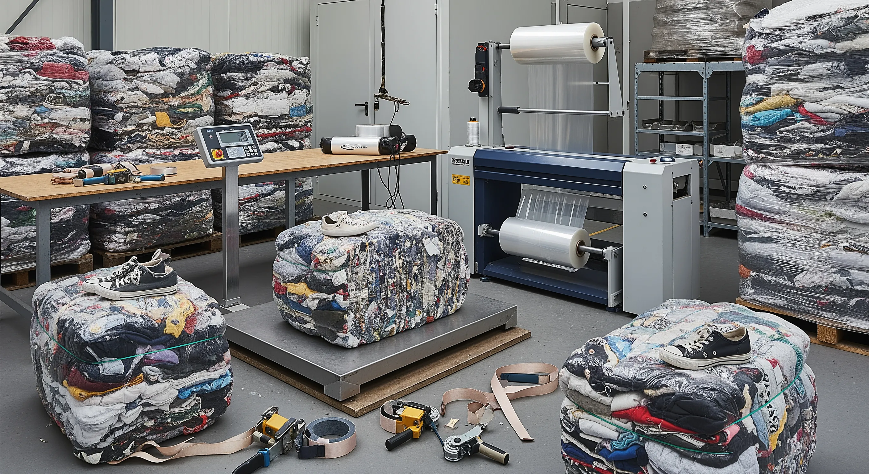 Industrial quality control station with pallet scale, stretch-wrap machine, and partially opened bales showing second-hand shoe textiles