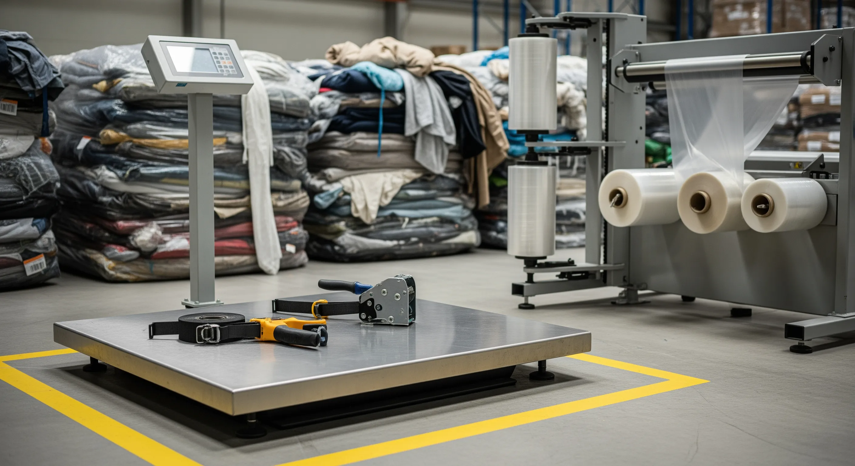 Quality control station with pallet scale, stretch-wrap machine, and partially opened bales showing mixed textiles inside a clean industrial warehouse