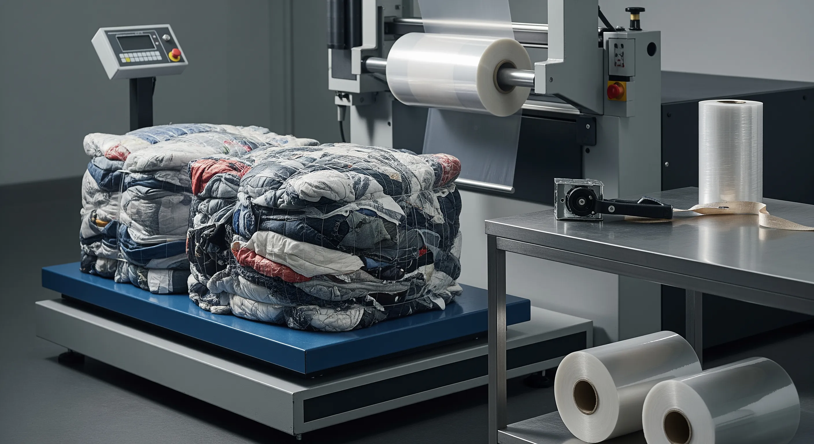 Quality control station featuring a pallet scale platform, stretch-wrap machine, and partially opened textile bales showing mixed secondhand clothing inside.
