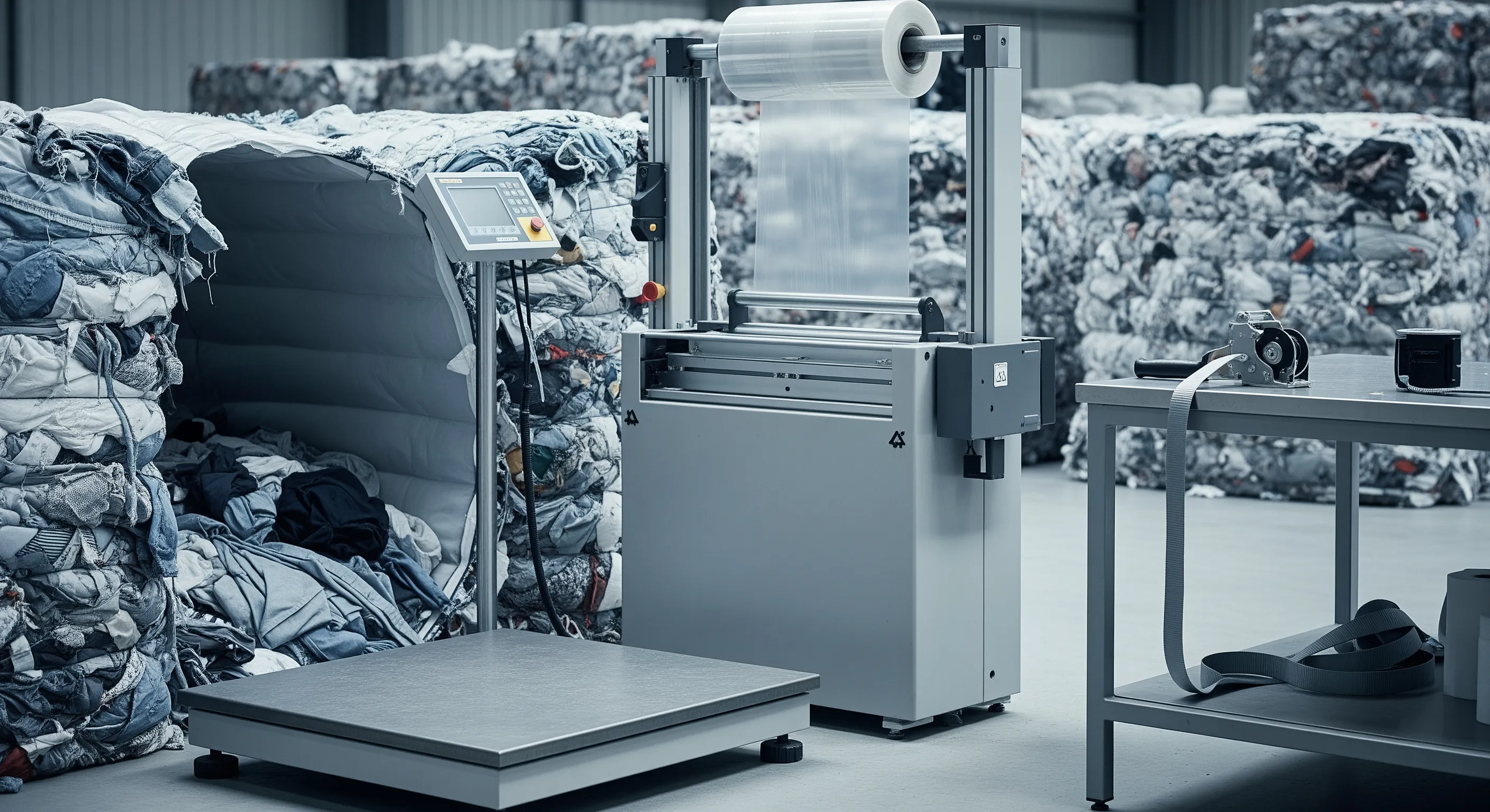 Industrial quality control station with scale, stretch-wrap machine, shrink film rolls and partially opened bales revealing mixed textiles inside a clean sorting area.