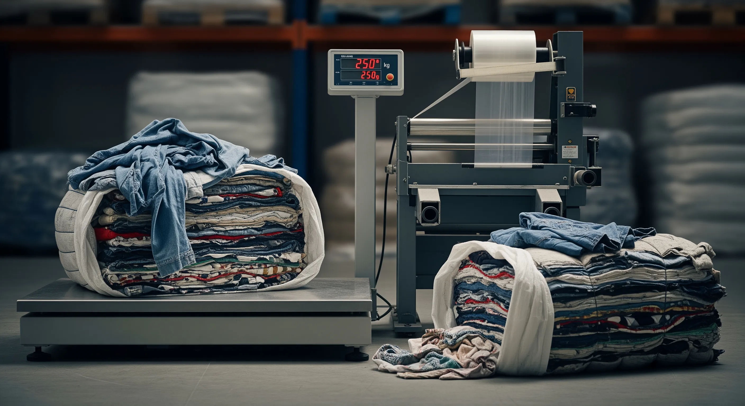 Quality control station with industrial scale and stretch-wrap machine beside partially opened textile bales showing secondhand clothing textures.