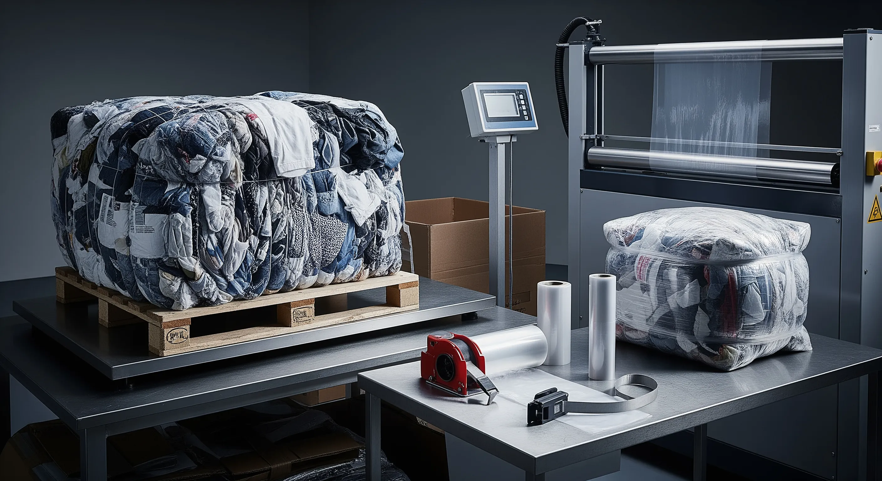 Quality control station with industrial scale and stretch-wrap machine beside partially opened textile bales in a clean secondhand clothing sorting warehouse
