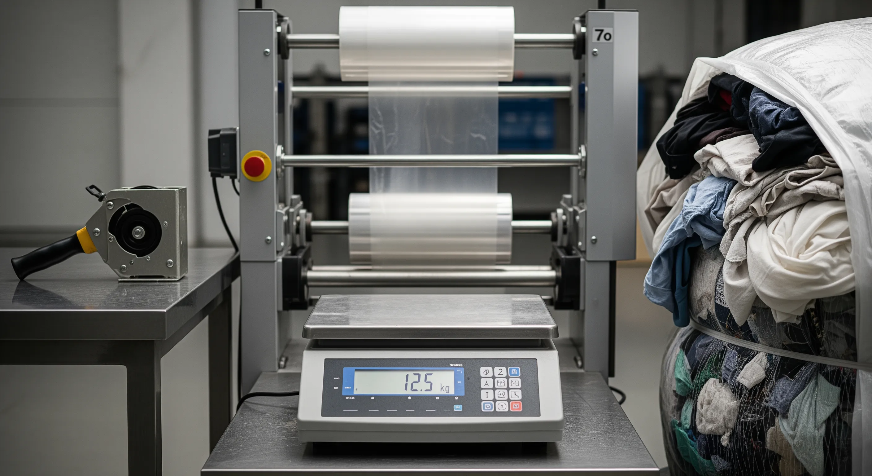 Industrial quality control station with a platform scale, partially opened bale showing mixed textiles, pallet strapping machine, and shrink film rolls