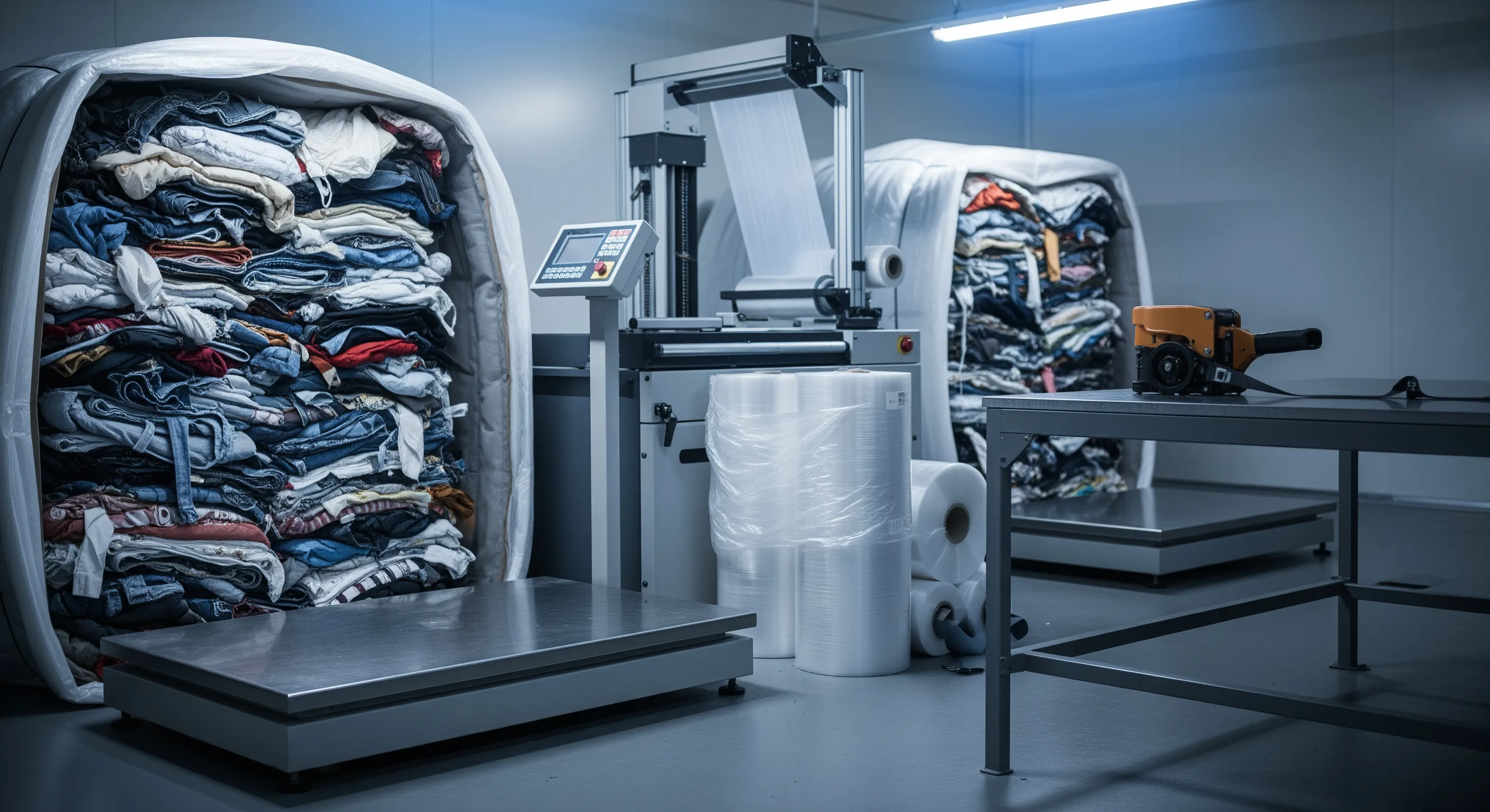 Industrial quality control station with a scale and stretch-wrap machine near partially opened used clothing bales showing mixed textiles inside.