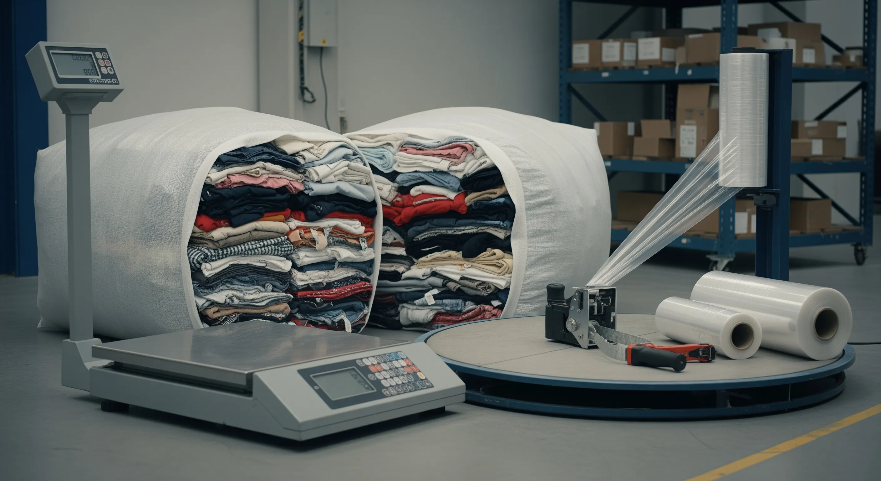 Quality control station showcasing industrial scale platform, stretch-wrap machine, and partially opened textile bales with visible second-hand clothing textures.