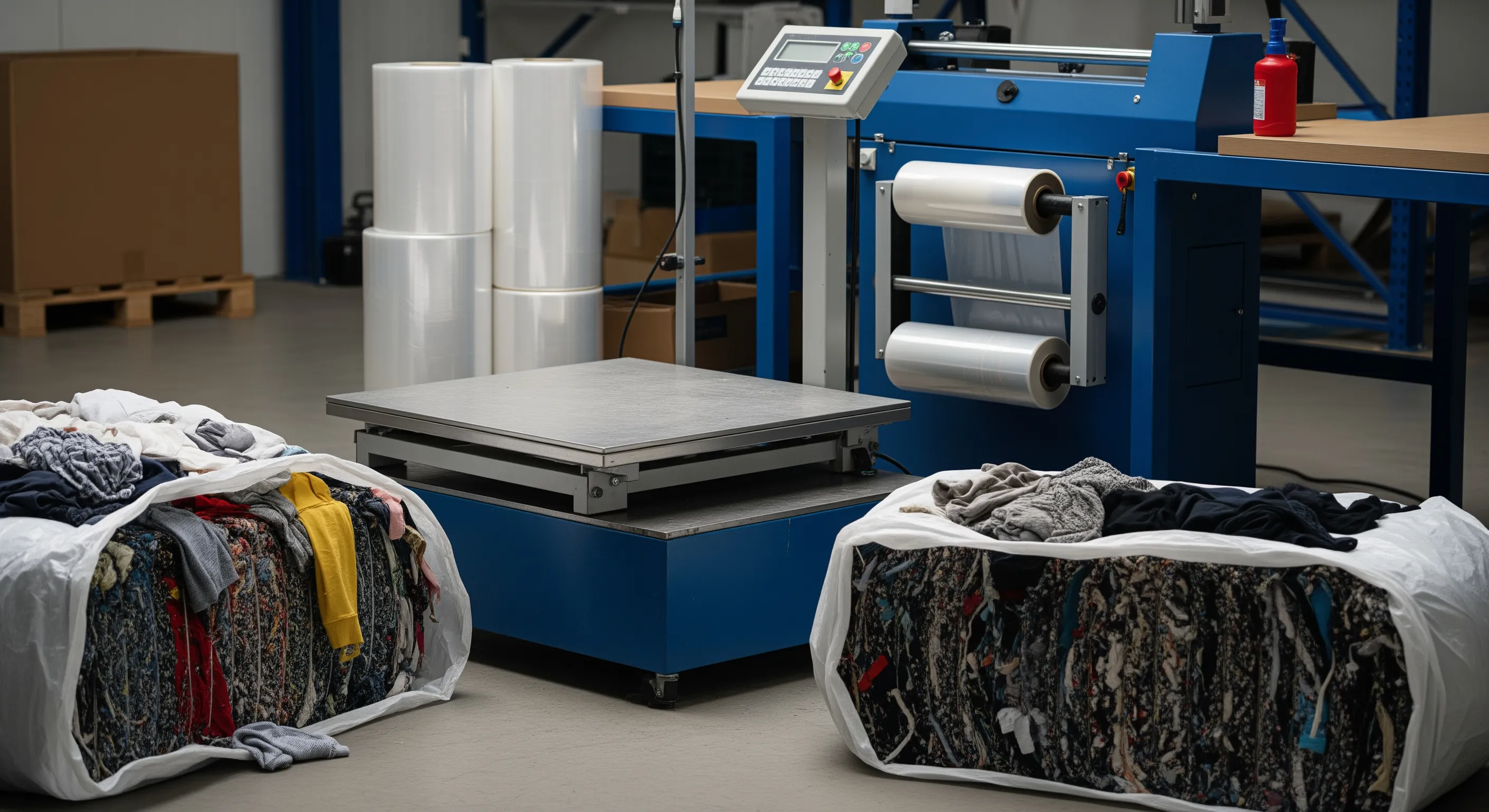 Quality control packing station with industrial scale and stretch-wrap machine beside partially opened secondhand clothing bales inside a clean warehouse