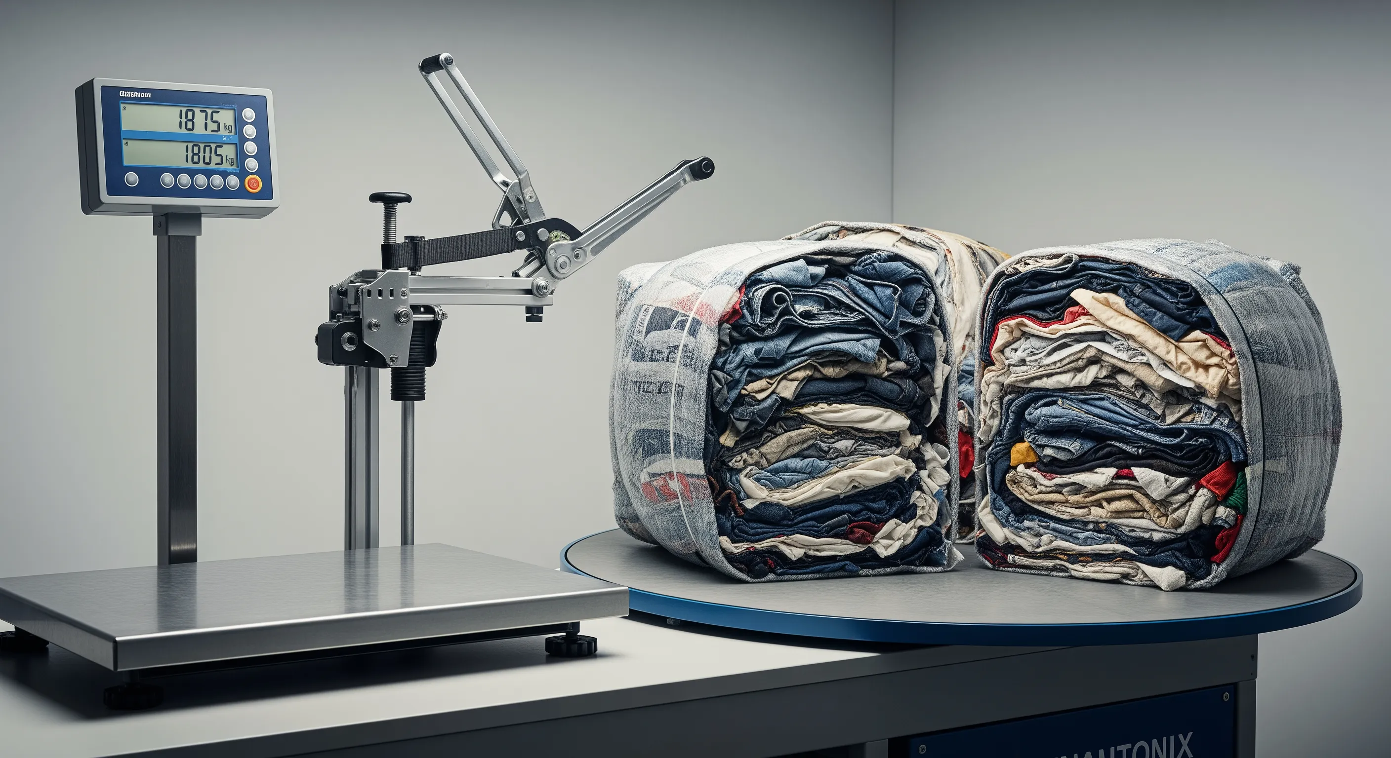 Quality control station with industrial scale, strapping tool, and partially opened bales revealing mixed textile textures in a clean warehouse corner