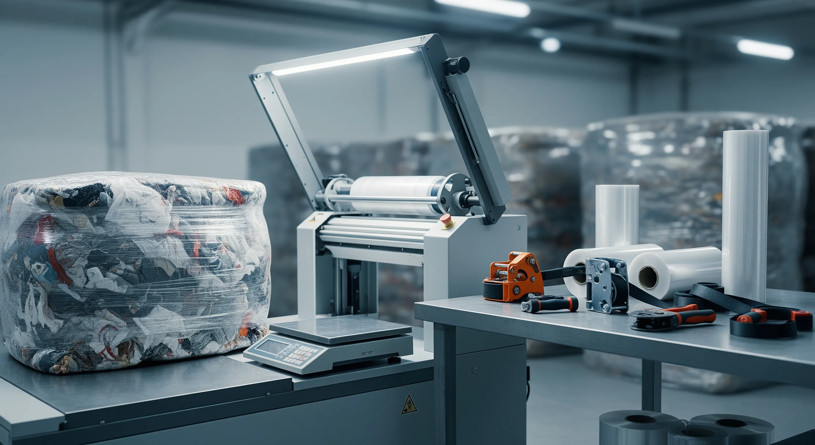 Quality control station with industrial scale and stretch-wrap machine partially wrapping second hand clothing bales