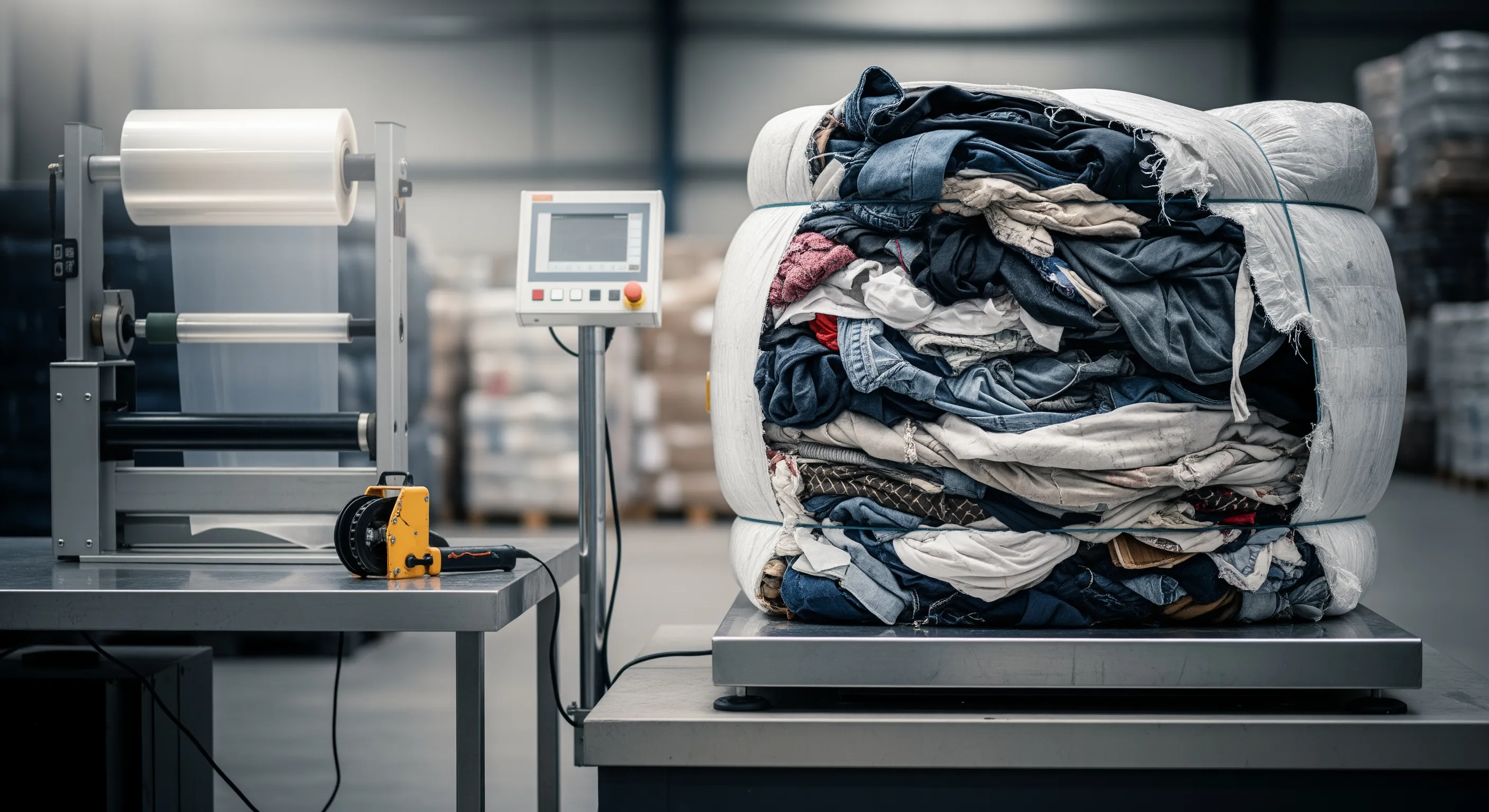Quality-control station with industrial scale and pallet strapping tools beside partially opened bale showing mixed textiles.