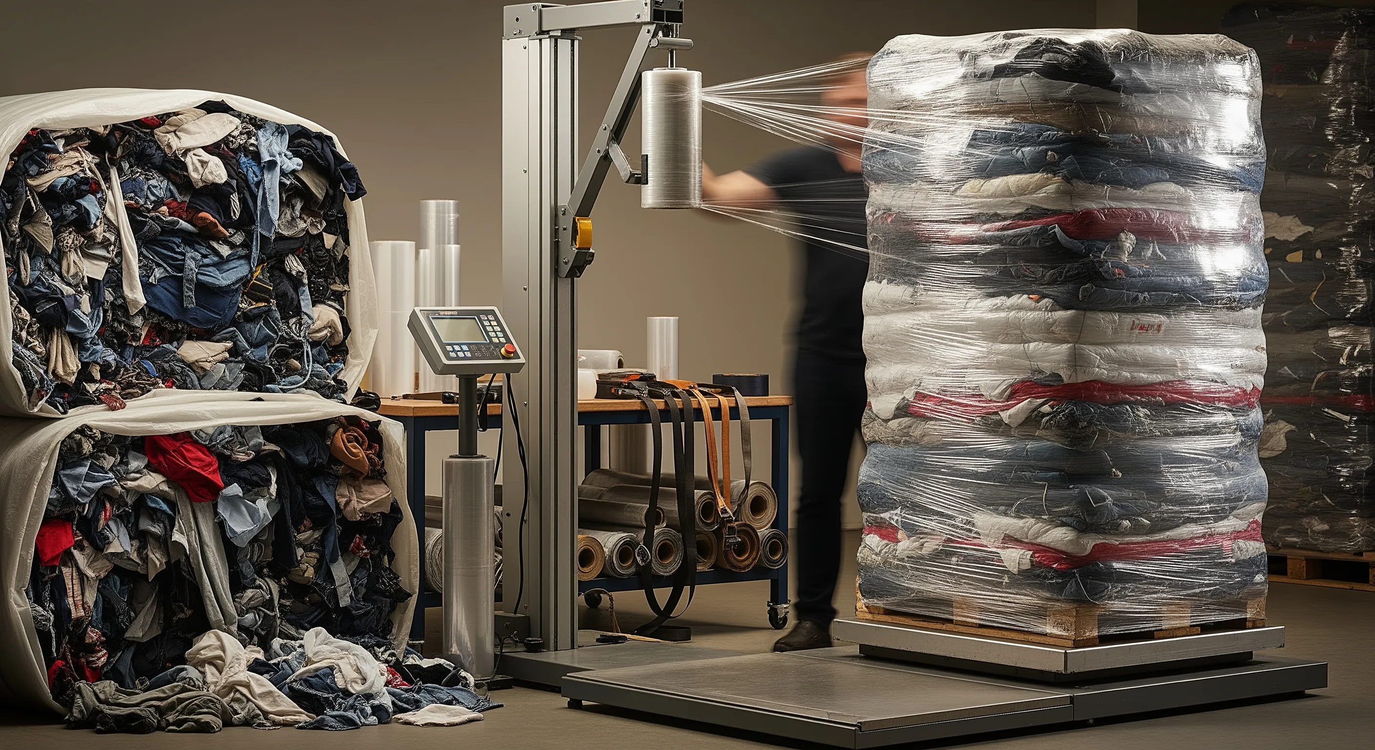 Mid-shot of a quality control area showing industrial scale, stretch-wrap machine, shrink film rolls, and partially opened bales with mixed textiles inside.