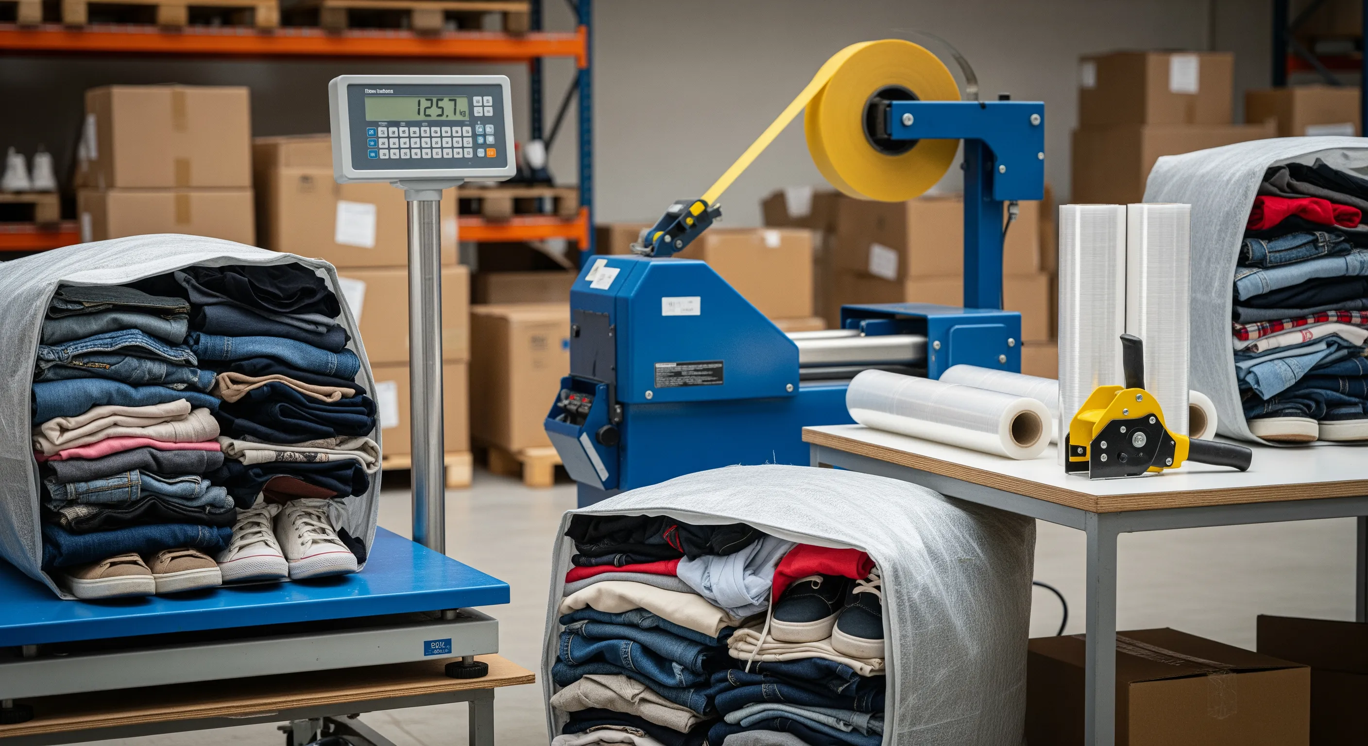 Quality control station with industrial scale and pallet strapping machine next to partially opened bales of secondhand clothes