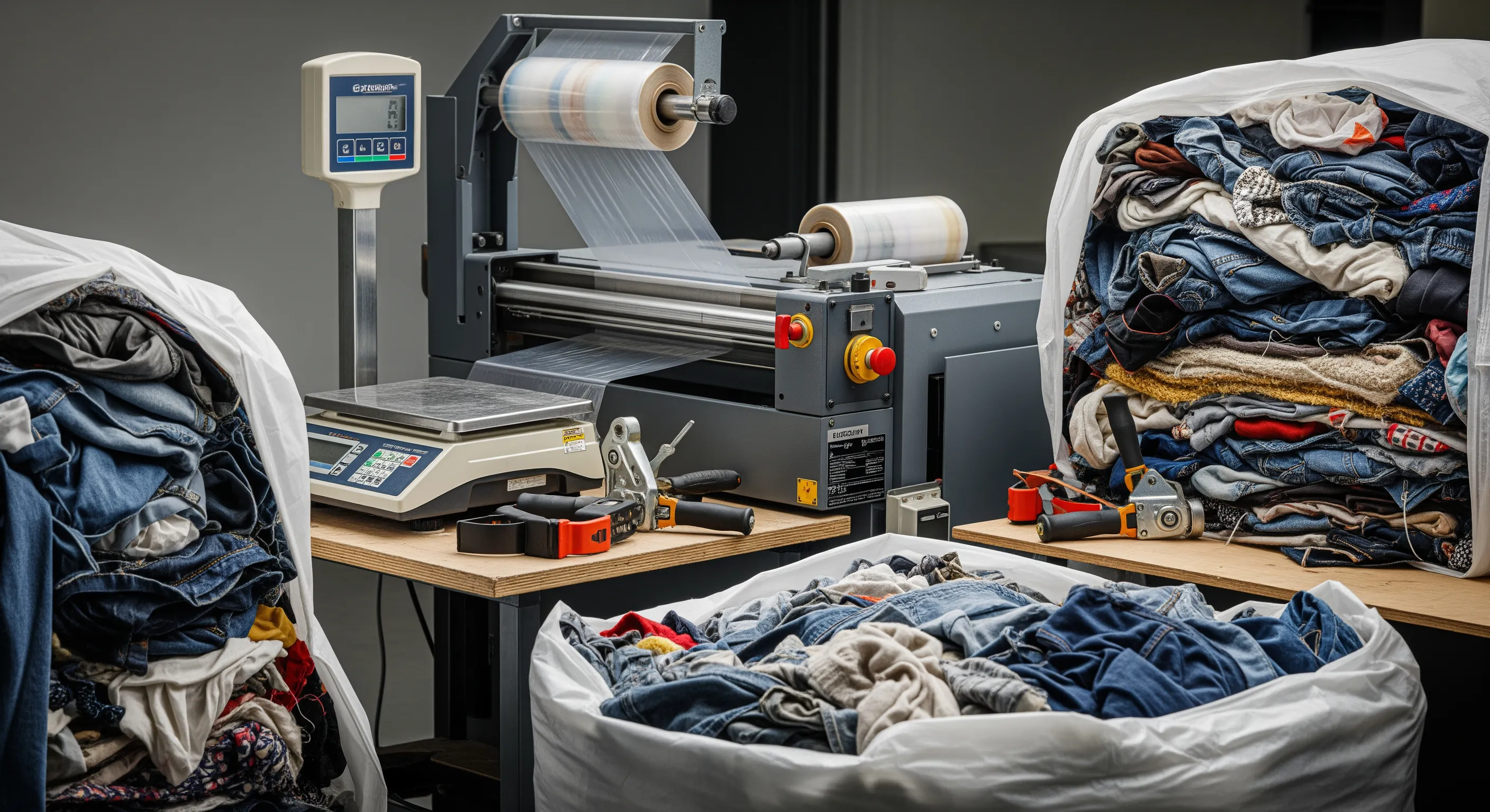 Quality control station with industrial scale and stretch-wrap machine beside partially opened bales showing mixed secondhand textiles