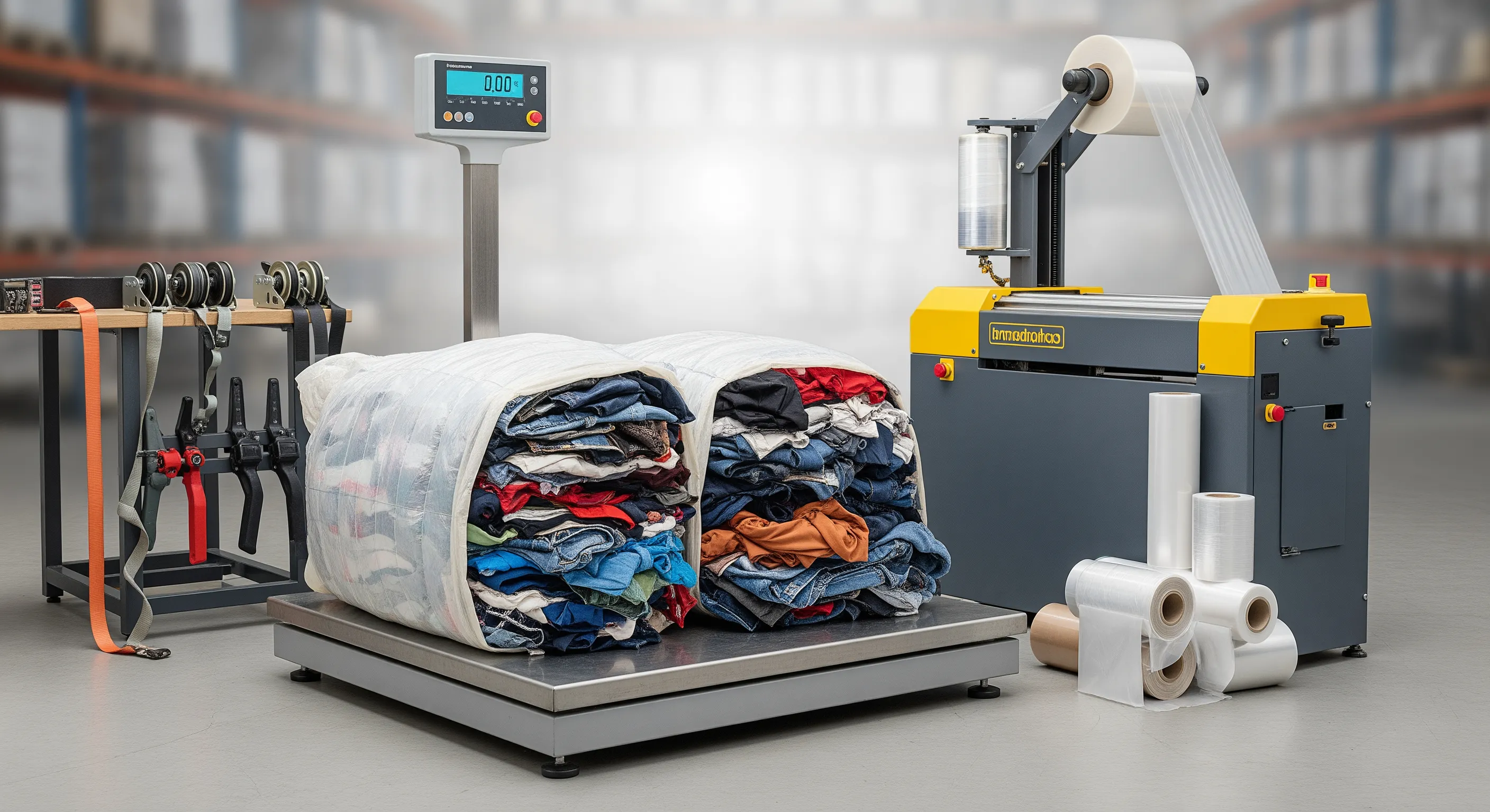 Industrial quality control area with pallet scale, stretch-wrap machine, and partially opened textile bales displaying mixed fabrics.
