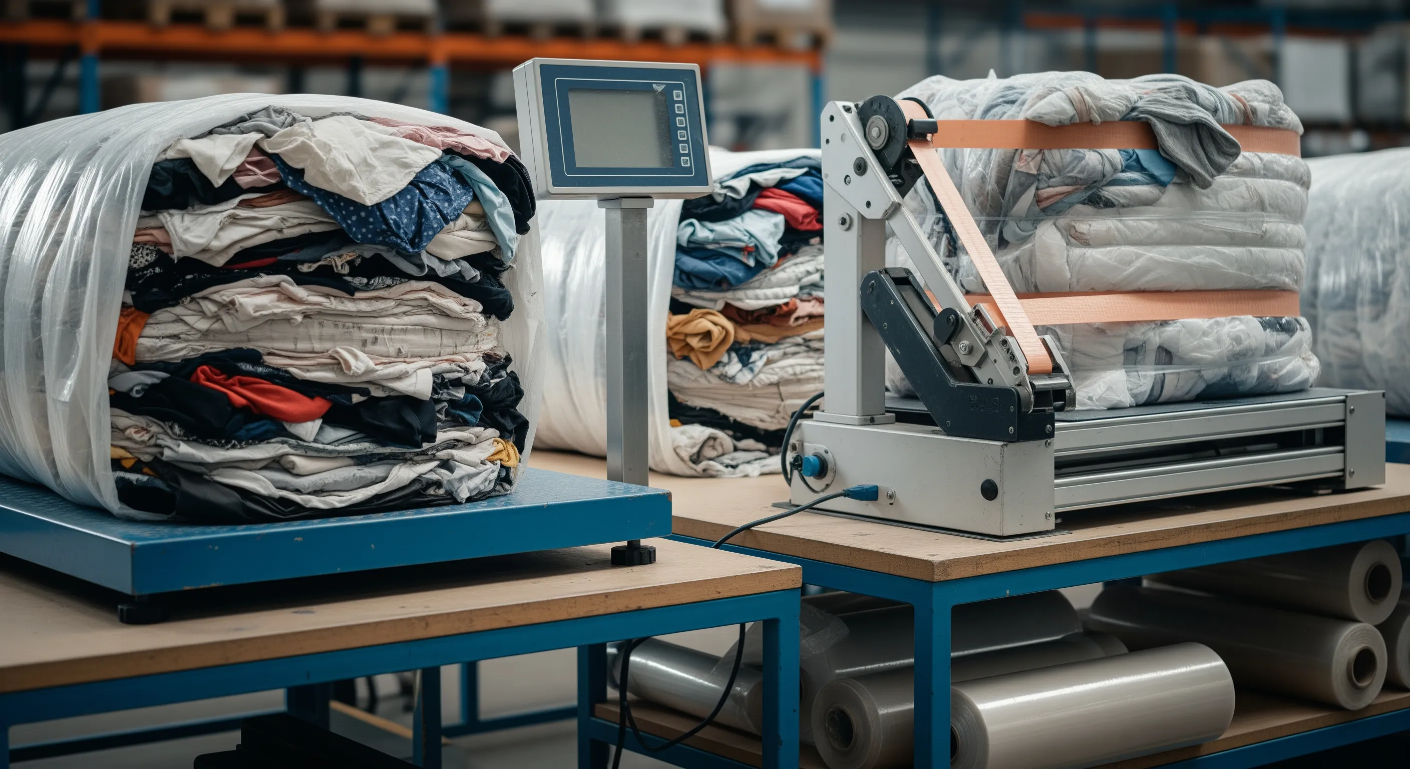 Close-up mid shot of a quality control and packing station with industrial scale, strapping machine and partially opened second-hand clothing bales