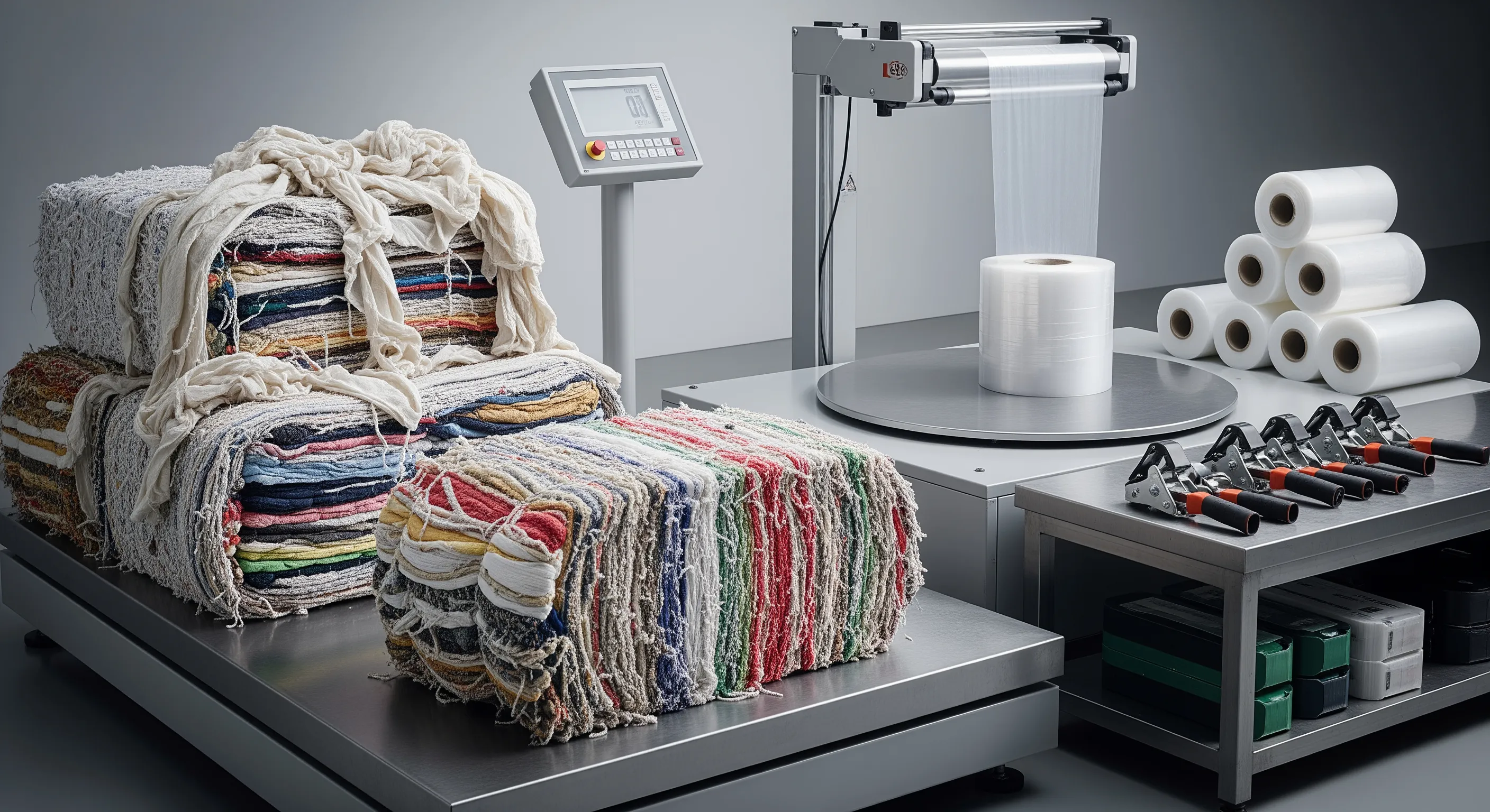 Quality control station with industrial scale, stretch-wrap machine, and partially opened bales showing mixed textiles in a clean warehouse