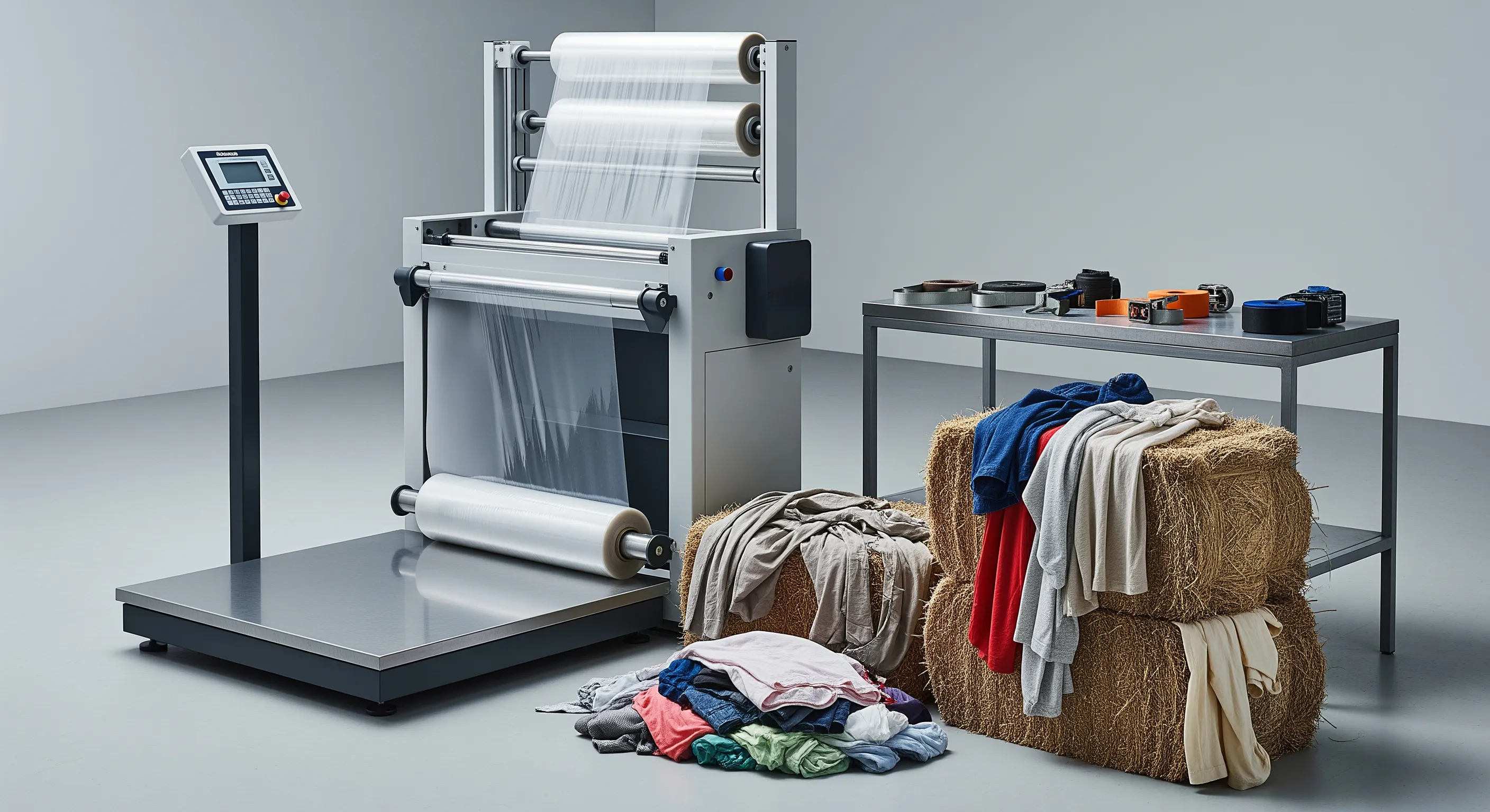 Quality control area with industrial scale and stretch-wrap machine beside partially opened bales revealing textured second-hand summer clothes.