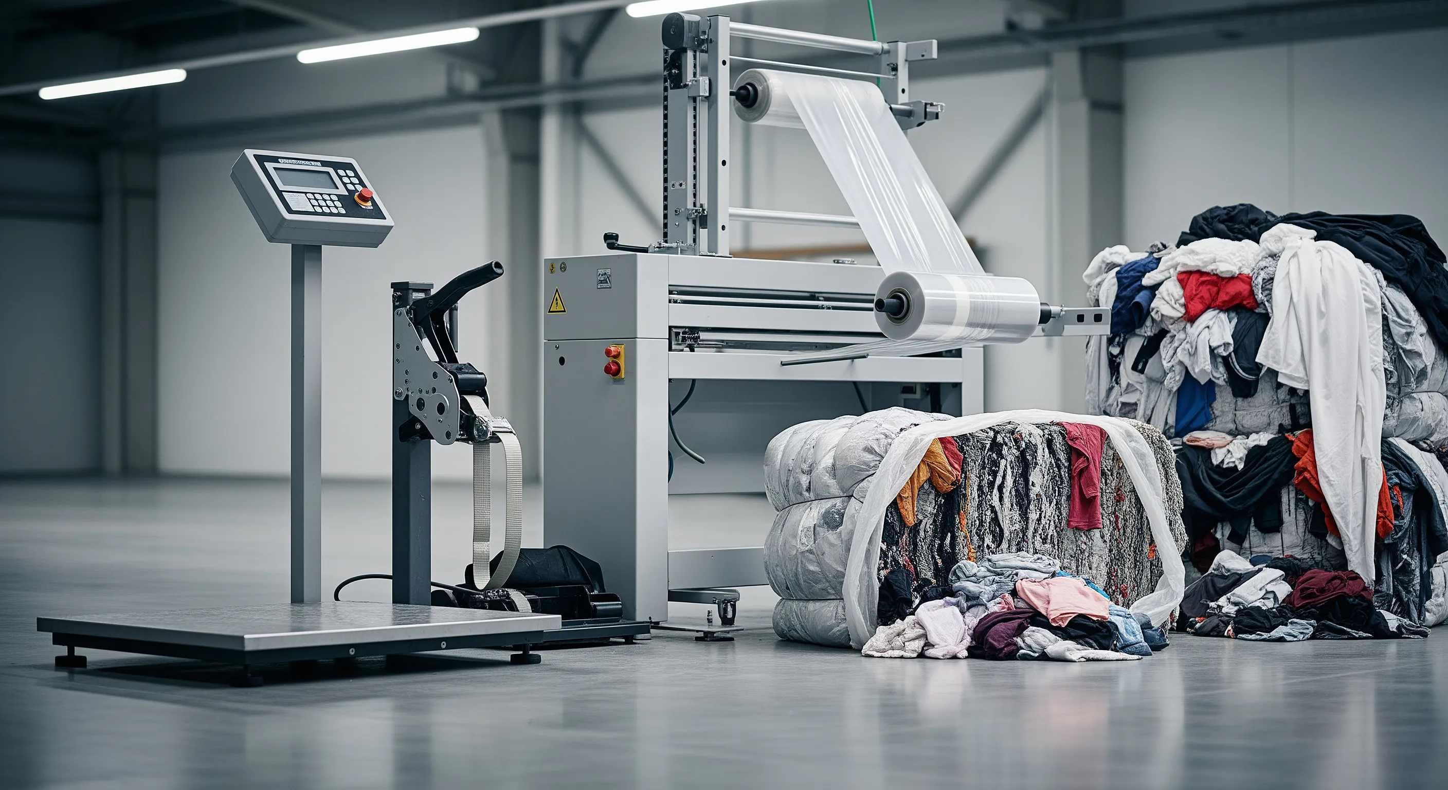 Quality control station inside warehouse with industrial scale, stretch-wrap machine, and partially opened bales showing mixed textiles