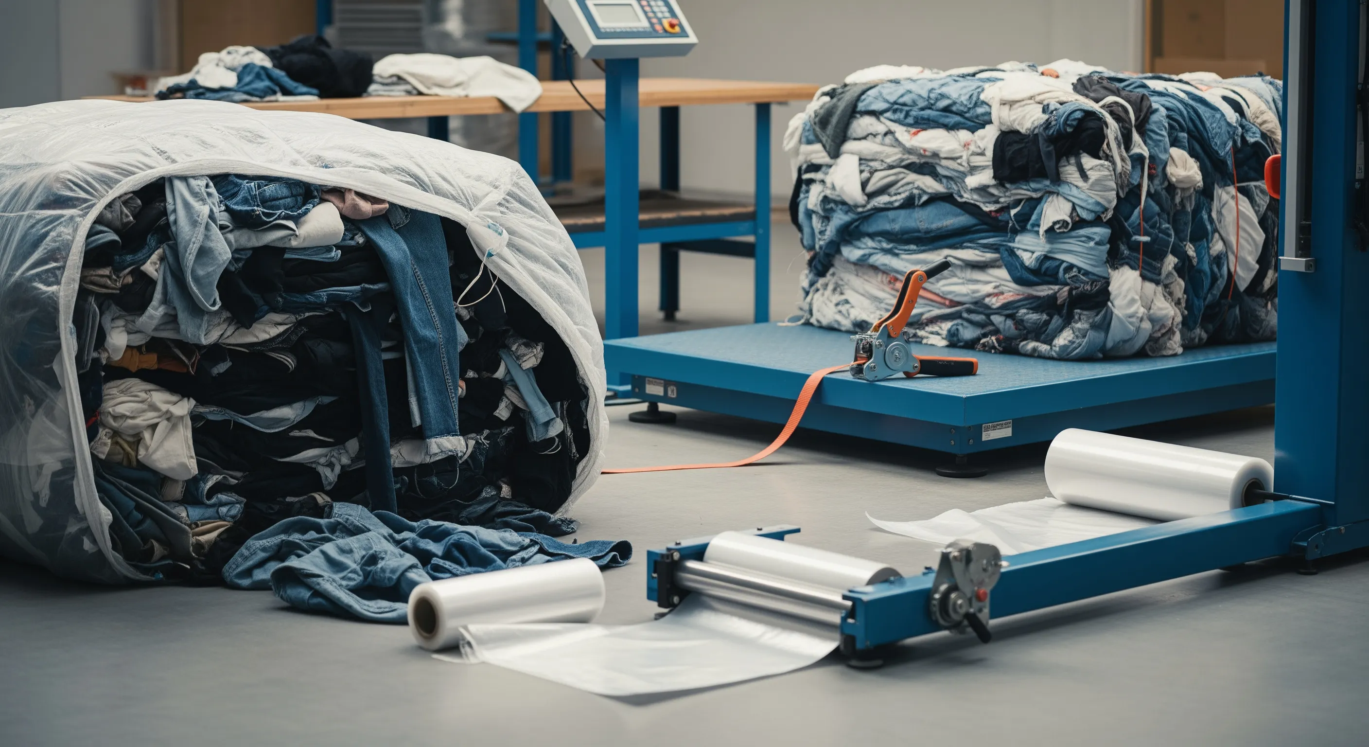 Quality control station with industrial scale and partially opened clothing bales showing mixed fabrics under soft lighting