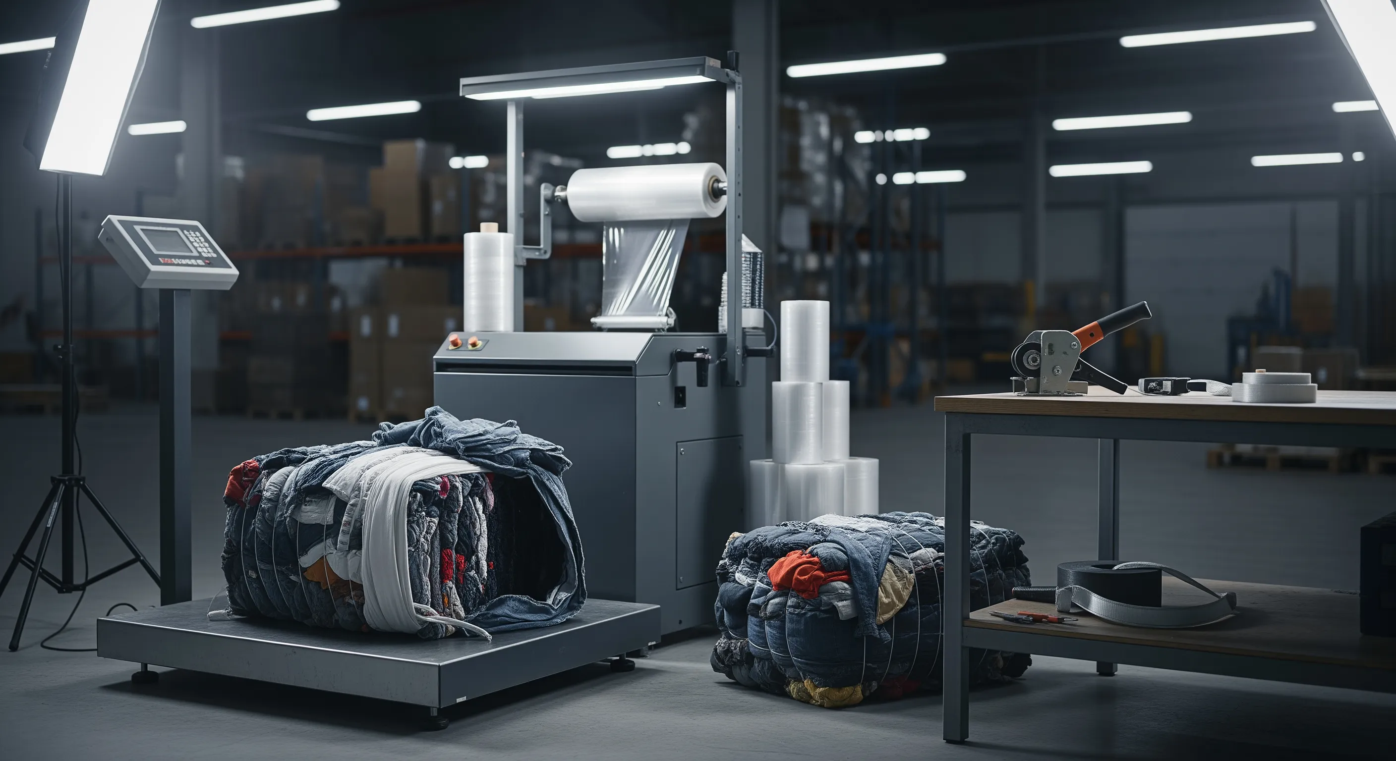 Quality control station with industrial scale and stretch-wrap machine alongside partially opened bales exposing mixed textiles