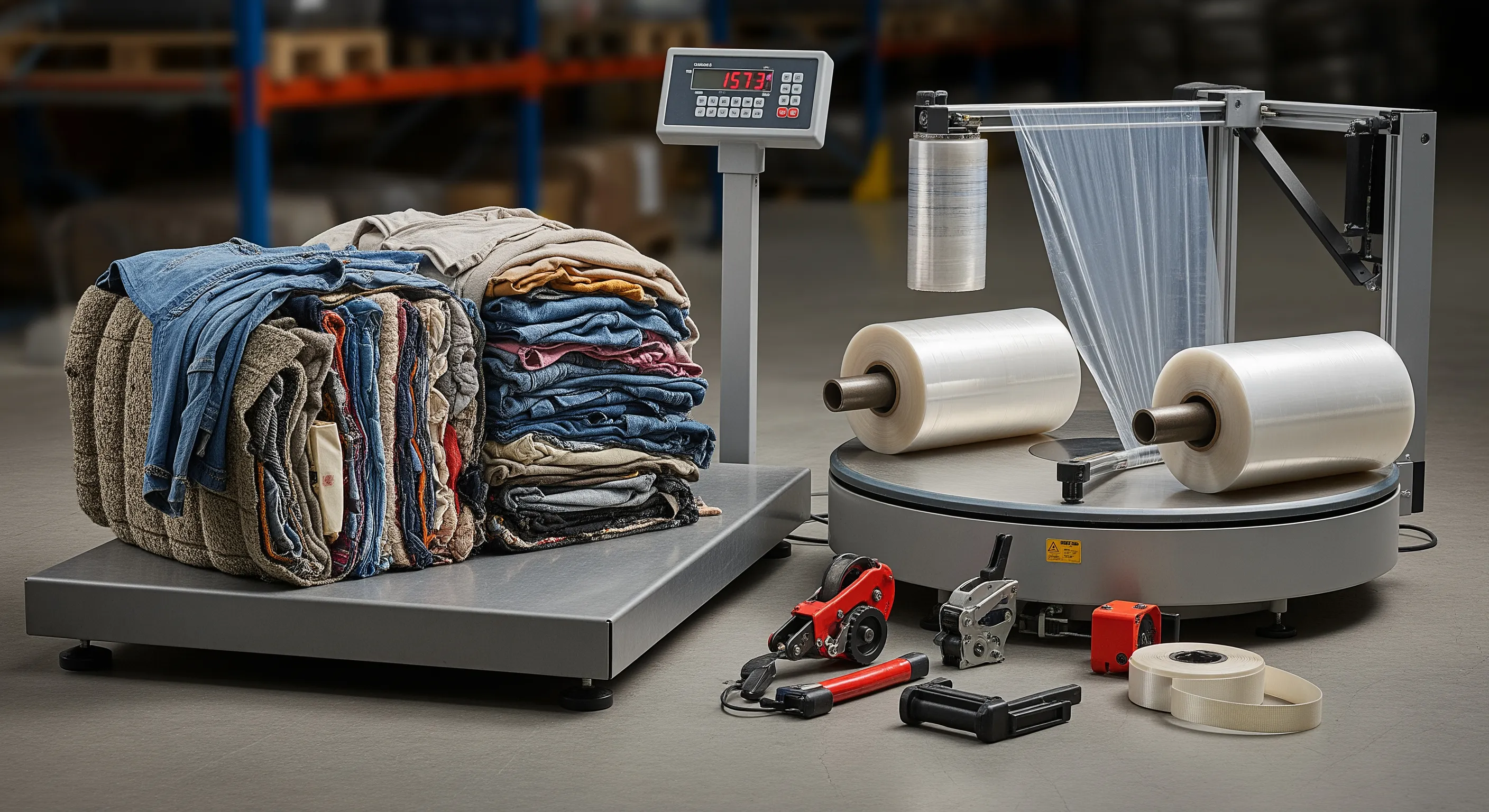 Quality control station with industrial pallet scale, stretch-wrap machine and partially opened textile bales revealing mixed used clothes in a clean warehouse setting