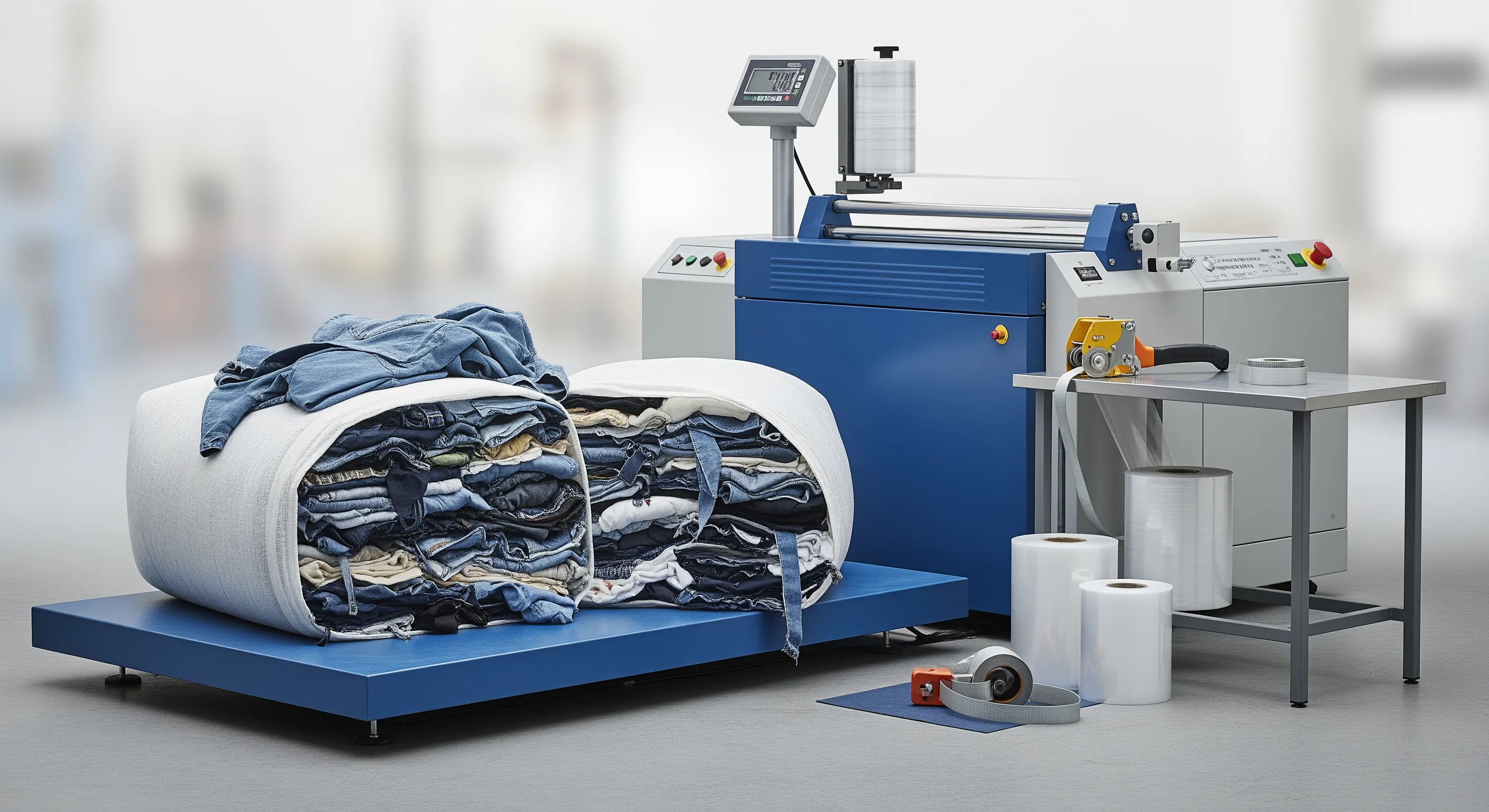 Quality control station showing stretch-wrap machine and partially opened bales with mixed textiles under soft industrial lighting