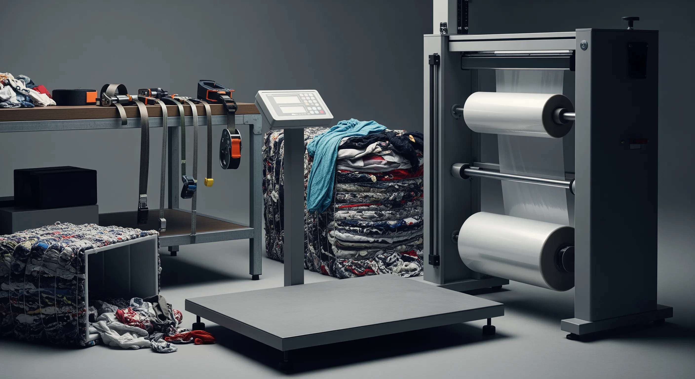 Quality control station with industrial scale and stretch-wrap machine amid partially opened secondhand clothing bales indoors