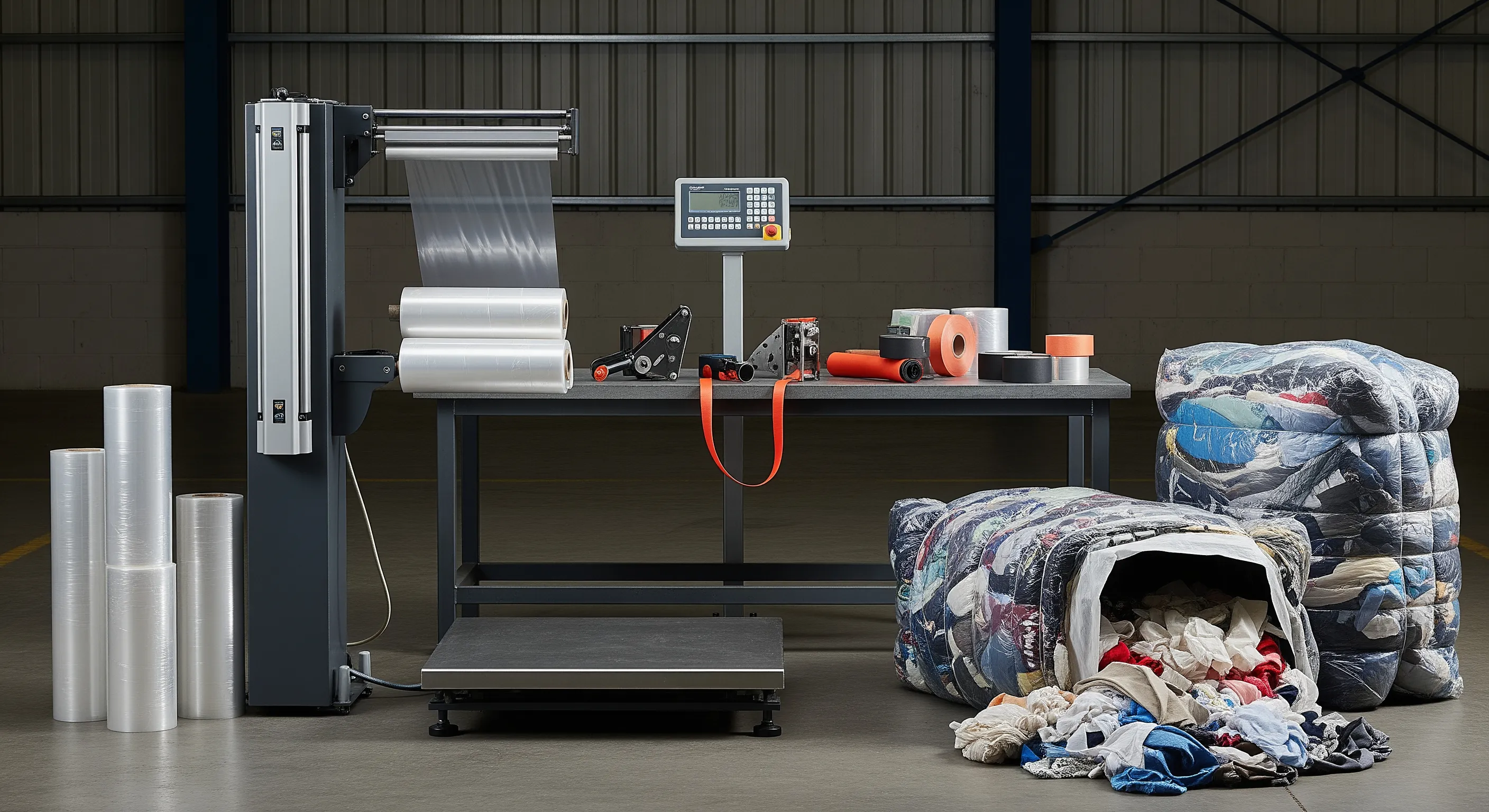 Quality control station with pallet scale, stretch-wrap machine and partially opened mixed textile bales under clean studio-style lighting