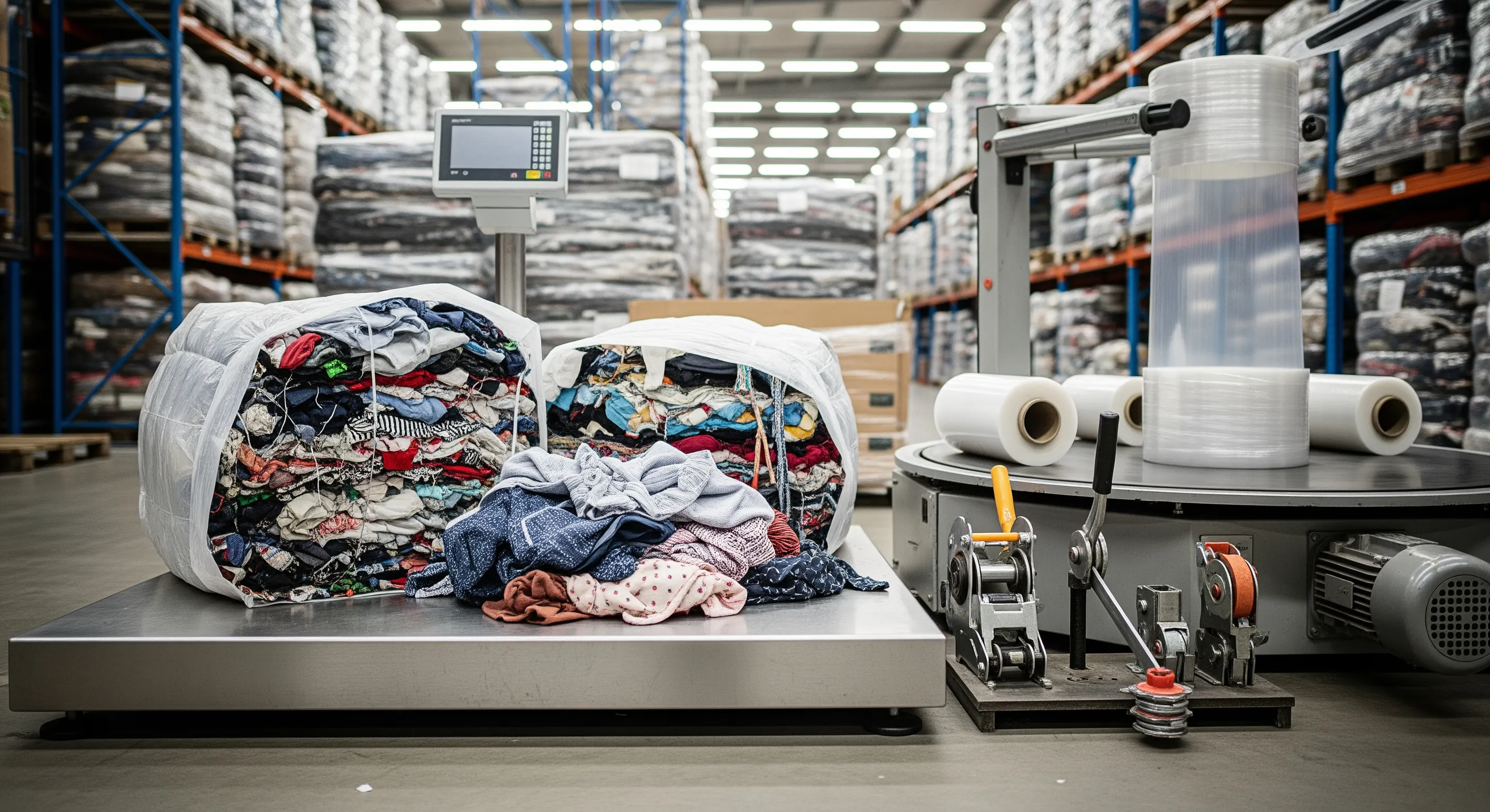 Mid-shot of a quality-control station with industrial scale and partially opened large bales of mixed second-hand clothes, surrounded by pallet strapping tools and shrink film rolls in a clean warehouse.