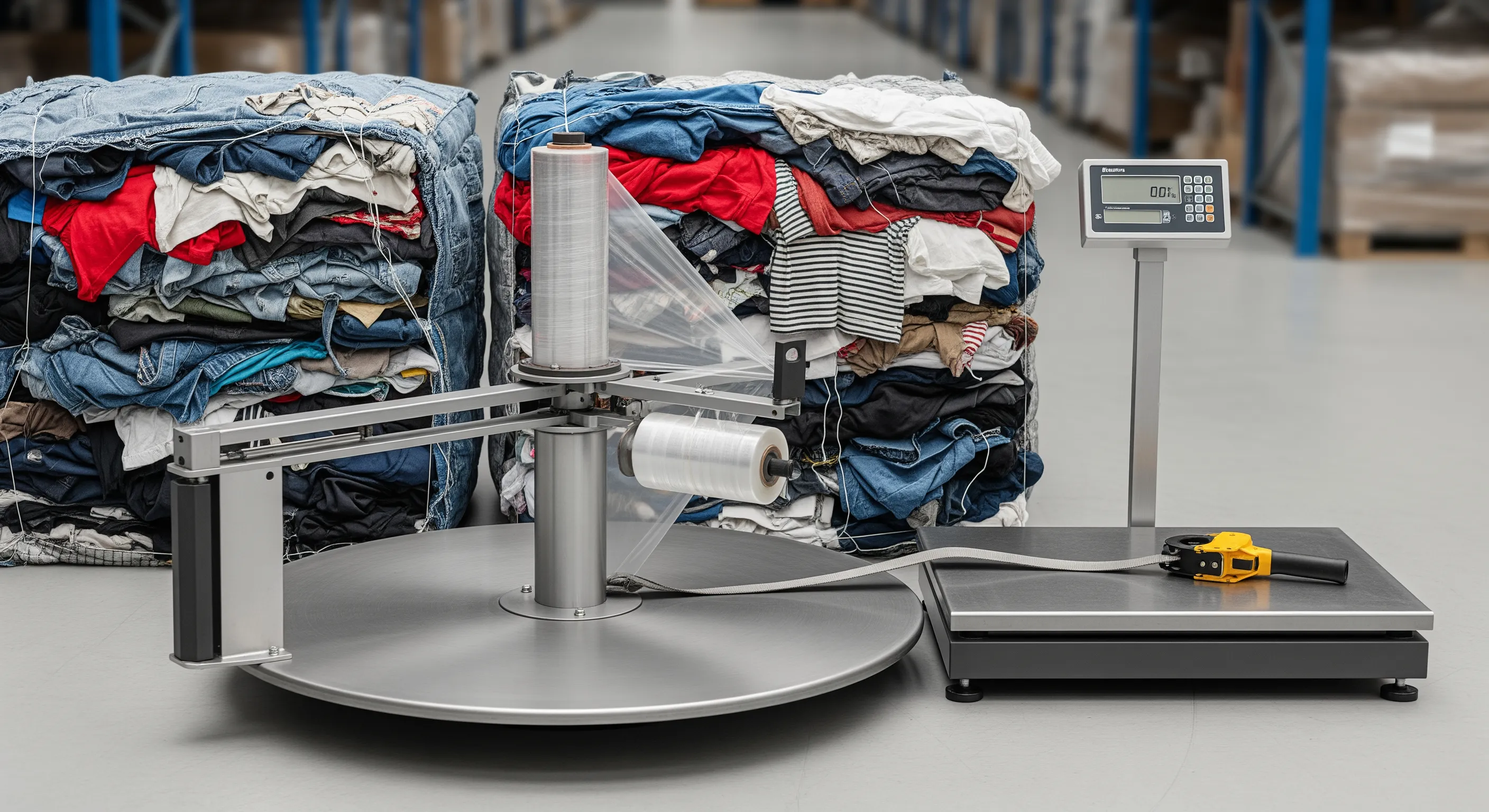 Quality control area showing industrial wrapping and strapping tools with partially opened bales of mixed second-hand clothing textiles