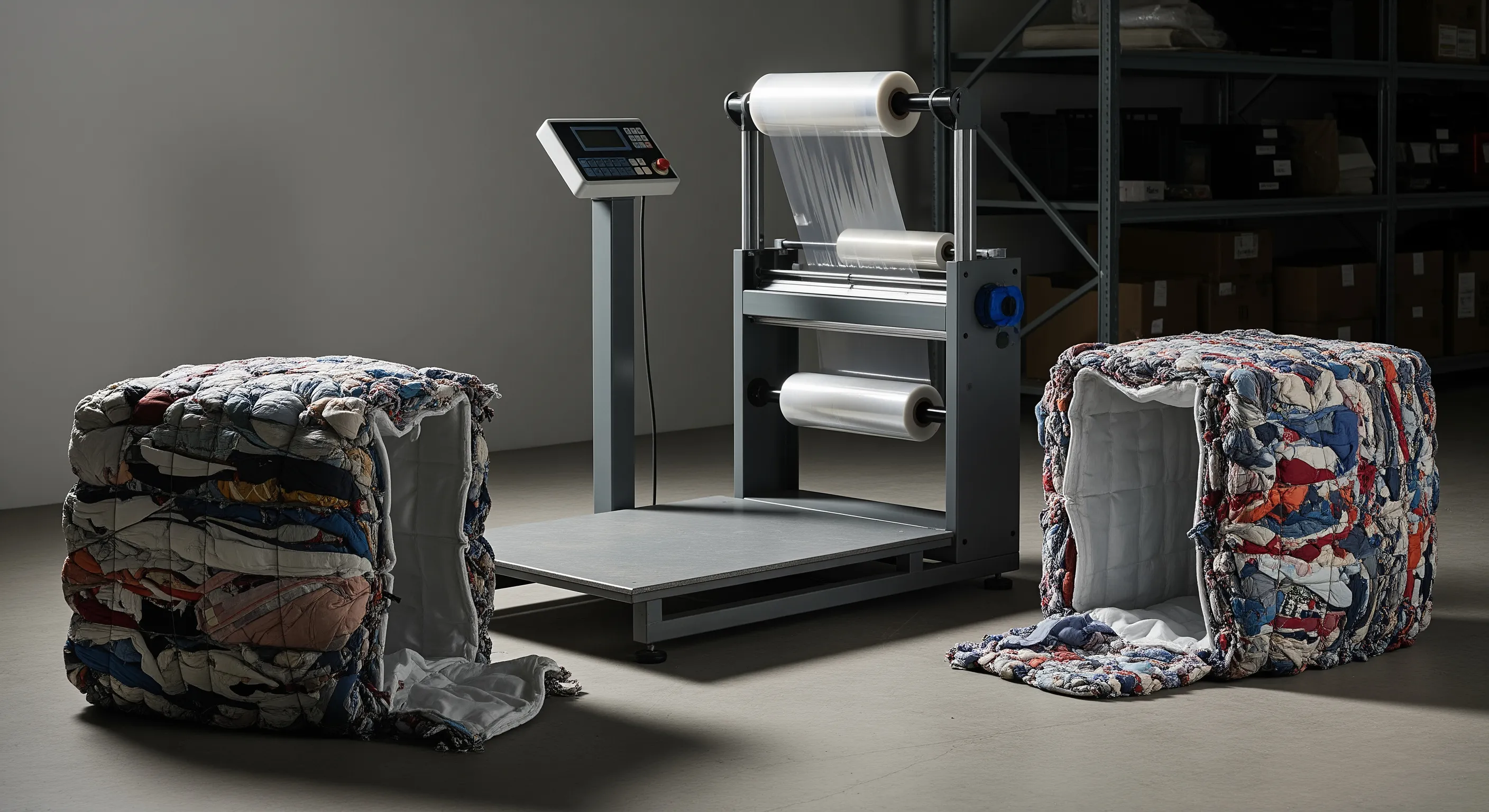Quality control station with scale, stretch-wrap machine, and partially opened bales showing mixed textiles in a second hand clothes wholesale facility