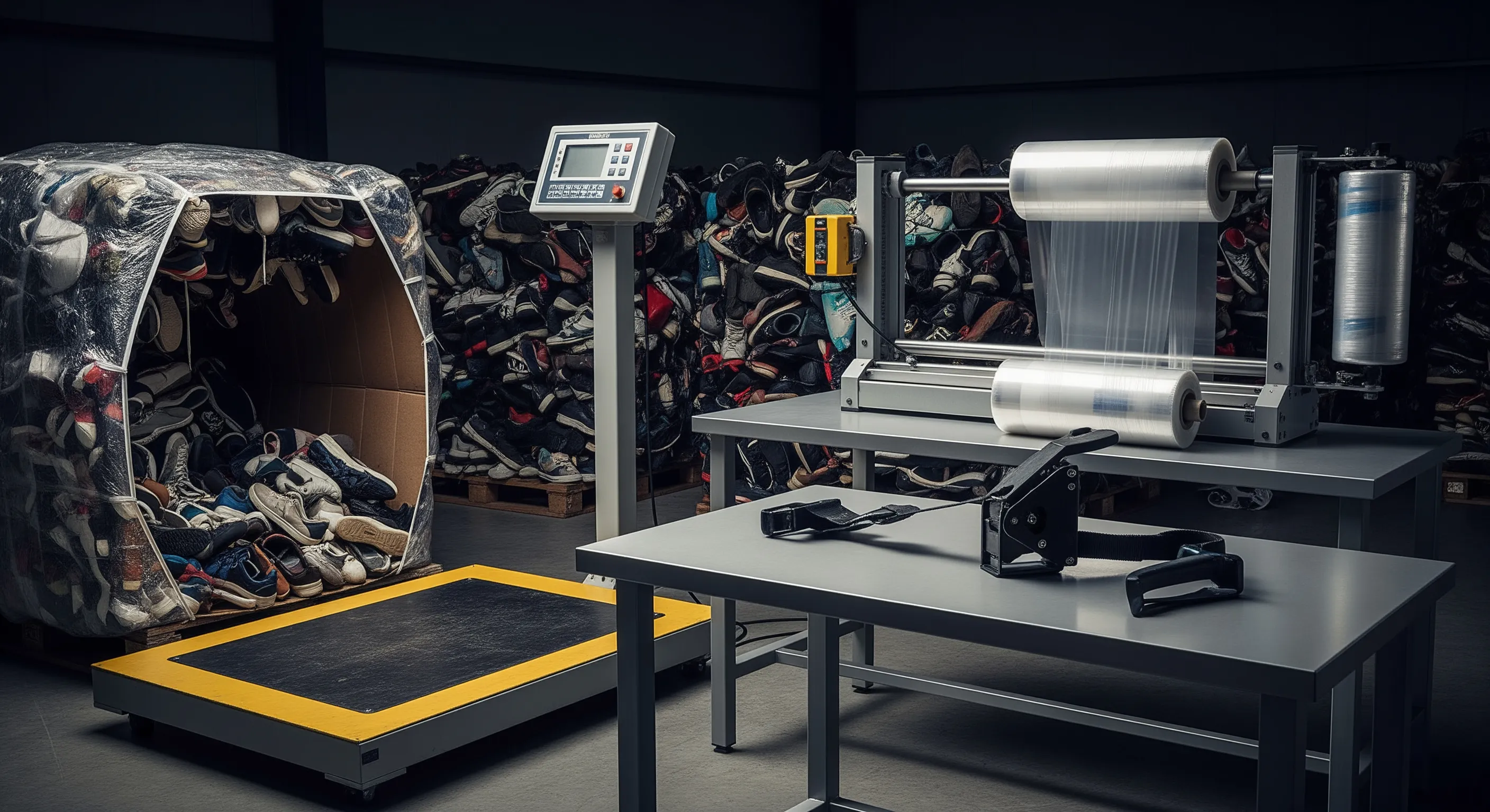 Quality control station with industrial scale and stretch-wrap machine beside a semi-open bale of used shoes in warehouse.