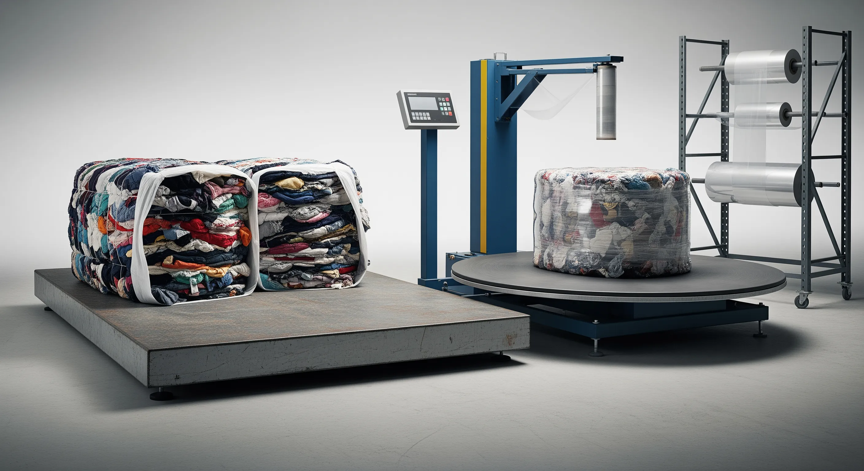 Industrial quality-control station with pallet scale and stretch-wrap machine next to open bales of mixed used clothing textiles.