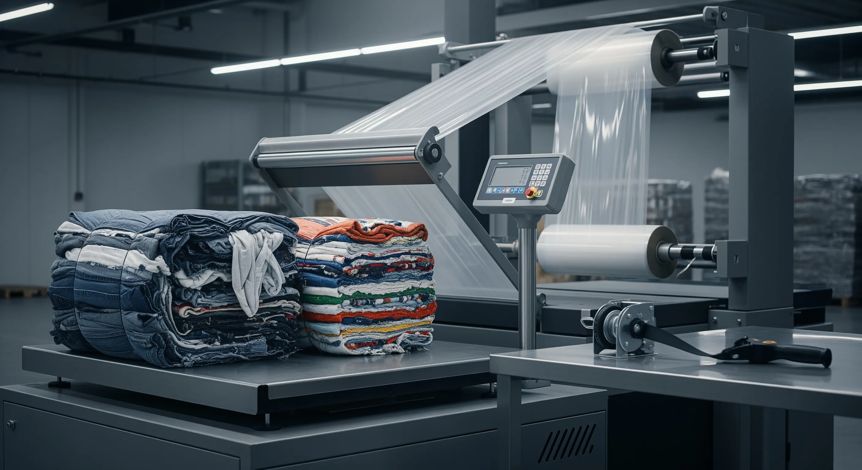 Quality control packing station with pallet scale and stretch-wrap machine next to partially opened textile bales inside a clean warehouse.